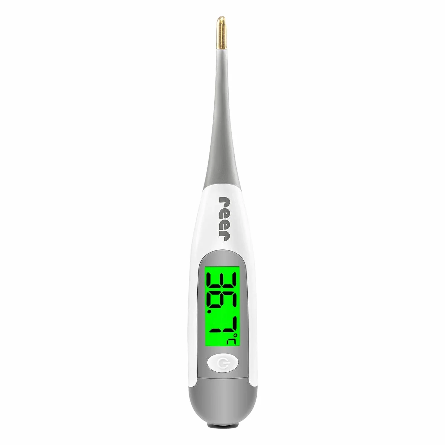 reer ExpressTemp Pro cyfrowy termometr gorączkowy, czas pomiaru 10 sekund, pozłacana elastyczna końcówka, podświetlany wyświetlacz, dla niemowląt i małych dzieci 98122