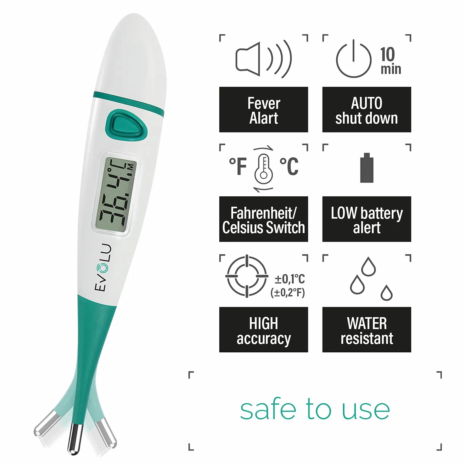 Evolu Cyfrowy termometr - temperatura ustna, doodbytnicza lub pod pachami w 10 sekund - elastyczny punkt, dla niemowląt, dzieci, dorosłych - dokładność do 0,1°C - czytelny wyświetlacz z etui
