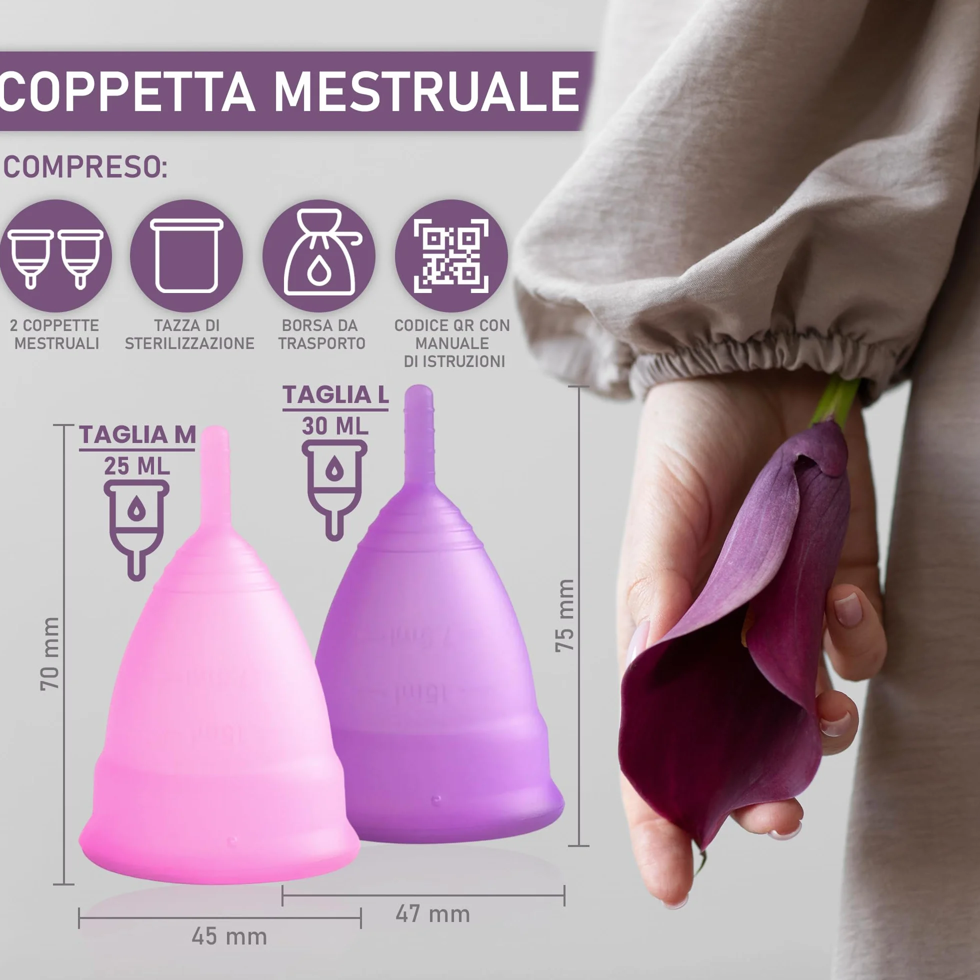 Kubek menstruacyjny 2 filiżanki M L sterylizator bawełniana torba silikon medyczny wielokrotnego użytku