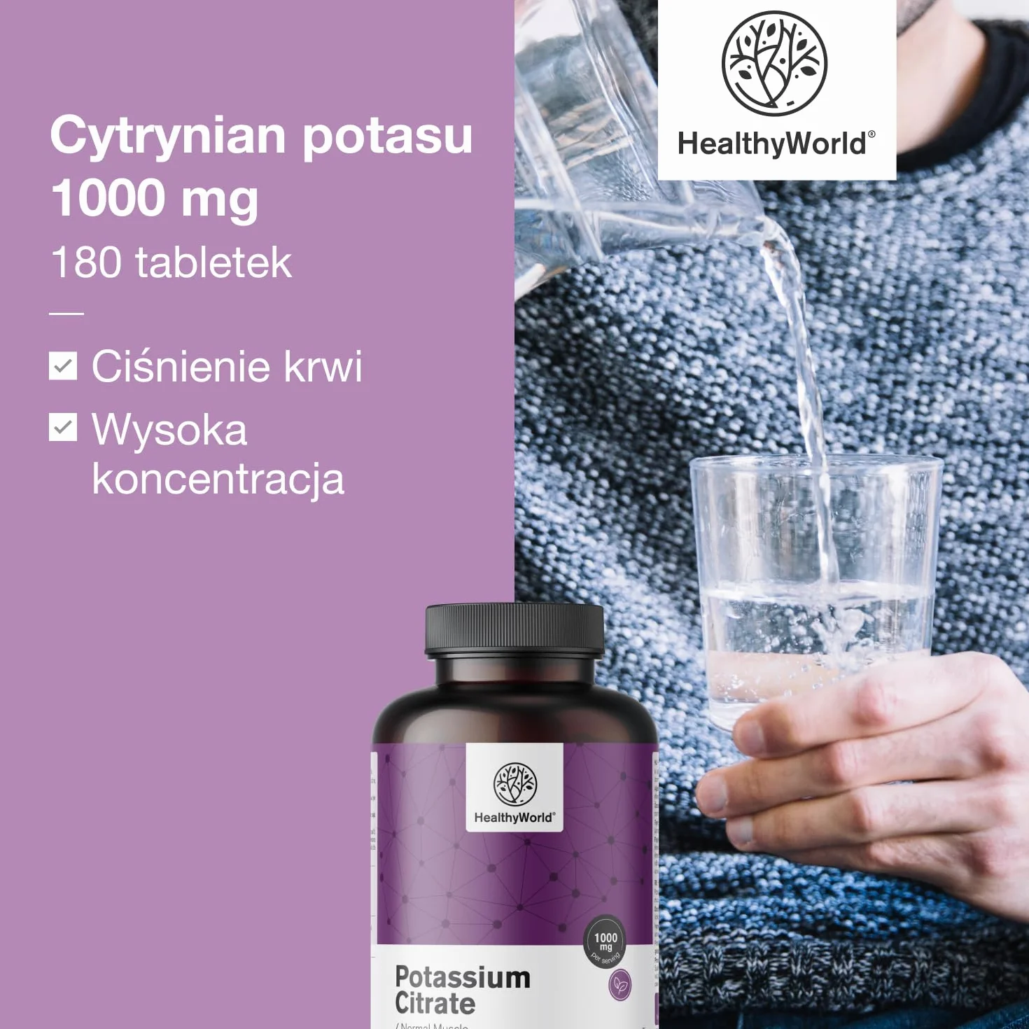 HealthyWorld Cytrynian potasu 1000 mg 180 tabletek – Wsparcie dla mięśni, układu nerwowego i ciśnienia krwi