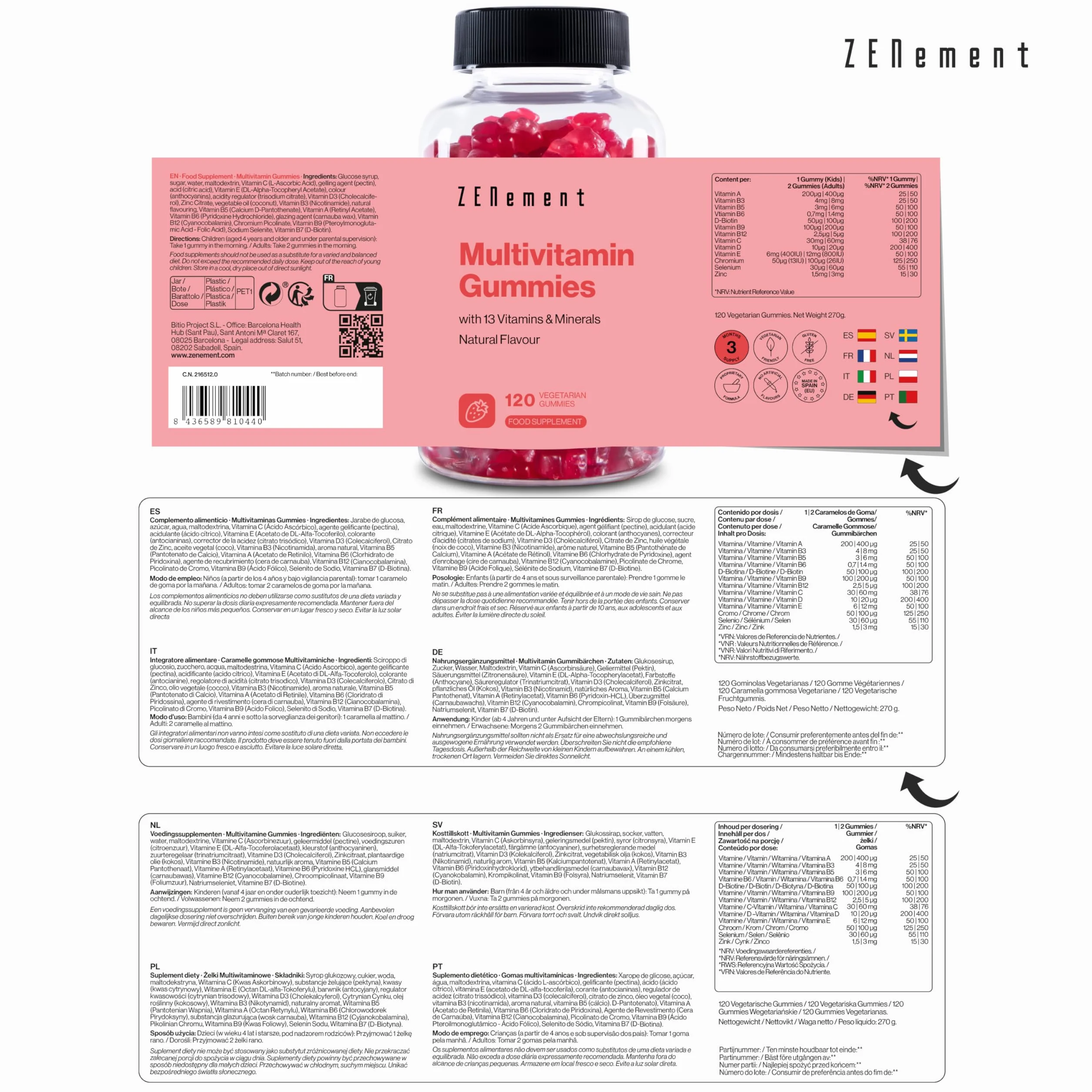 Żelki Multiwitaminowe, z 13 witaminami i minerałami, 120 Gummies Wegetariańskie | Naturalny Aromat Truskawkowy | z 13 witaminami i minerałami | Bez żelatyny, wegetariański, Bez Glutenu | Zenement