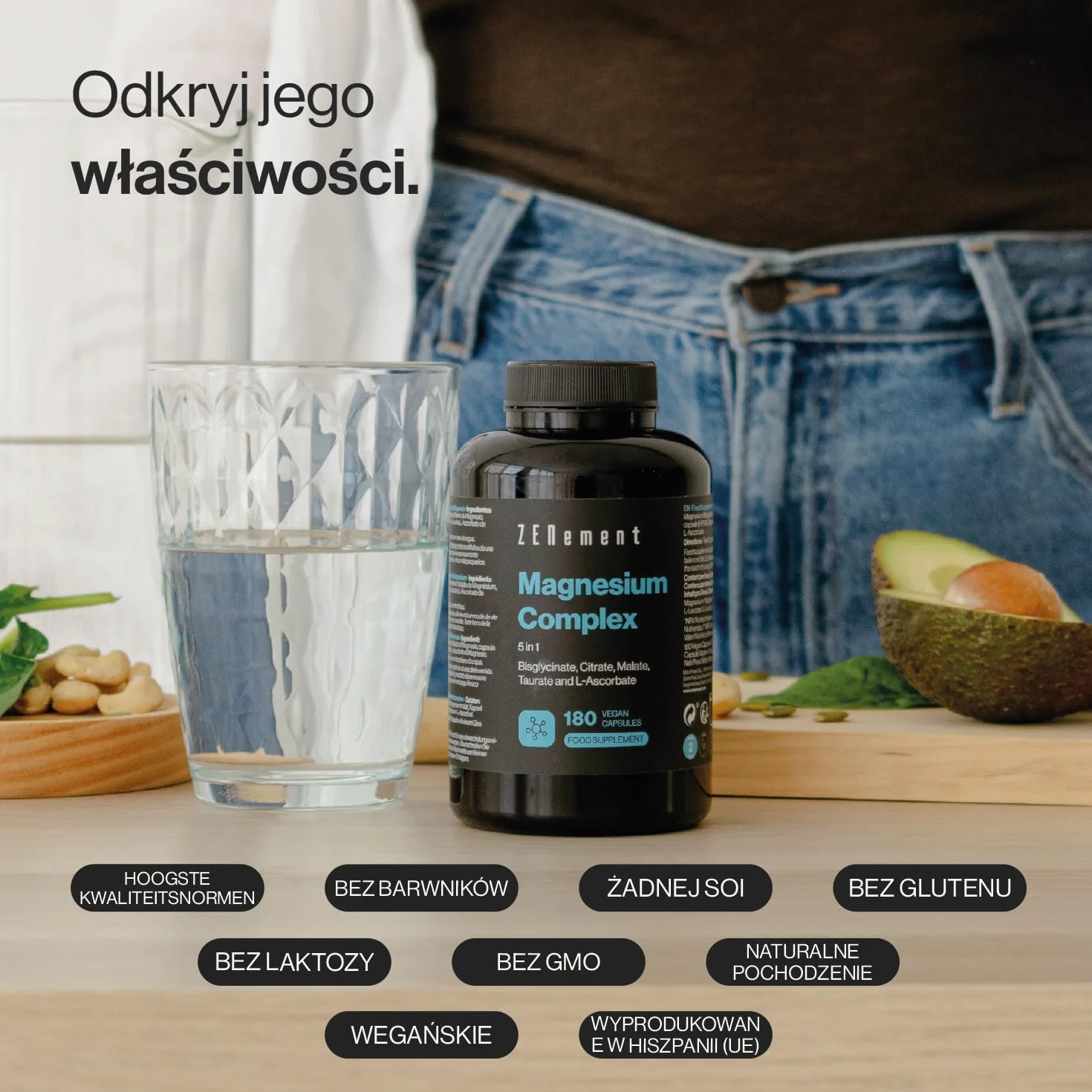 Magnezu Complex, 5 w 1 - Bisglicynian, Cytrynian, Jabczan, Taurynian i L-Askorbinian - Wysoka Biodostępność i Tolerancja, bez tlenku magnezu - 360 mg na porcję - 180 Kapsułek - Zenement