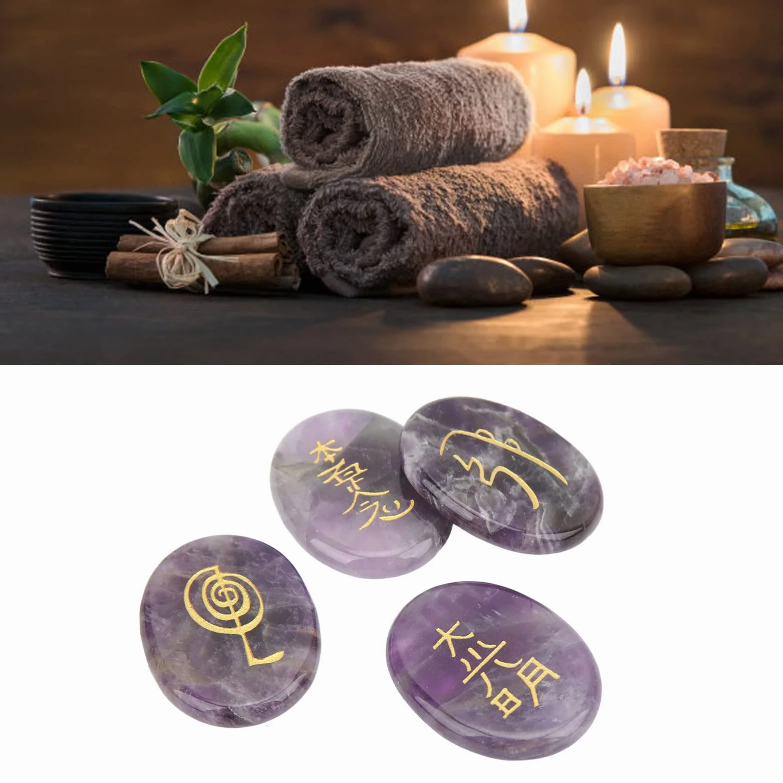 4 sztuki Symbole Reiki Kamień Naturalne kryształy uzdrawiające Reiki Grawerowane symbole Reiki Kamienie Medycyna alternatywna Kryształy lecznicze (ametyst)