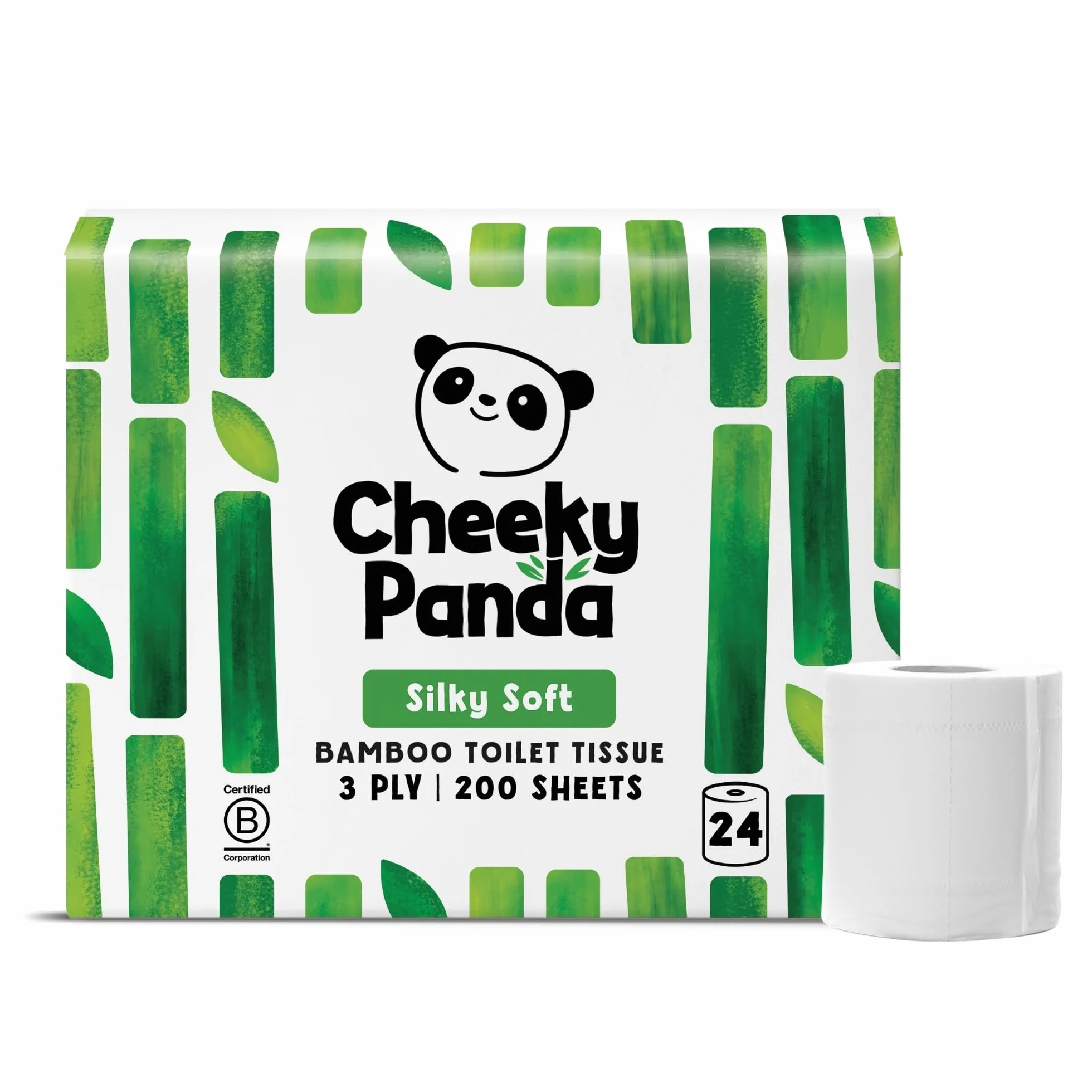 Cheeky Panda Bambusowe rolki toaletowe – 24 rolki 3-warstwowego papieru toaletowego | opakowanie bez plastiku | zrównoważony papier bibułowy | biały