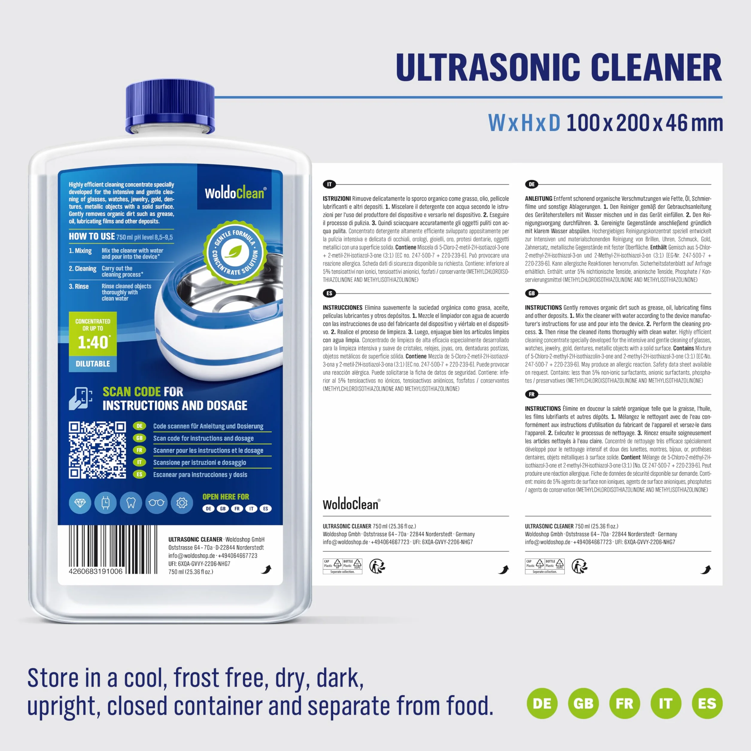 WoldoClean Koncentrat do Myjek Ultradźwiękowych 750ml - Płyn Bezalkoholowy do Okularów, Biżuterii, Protez, Monet & Gaźników