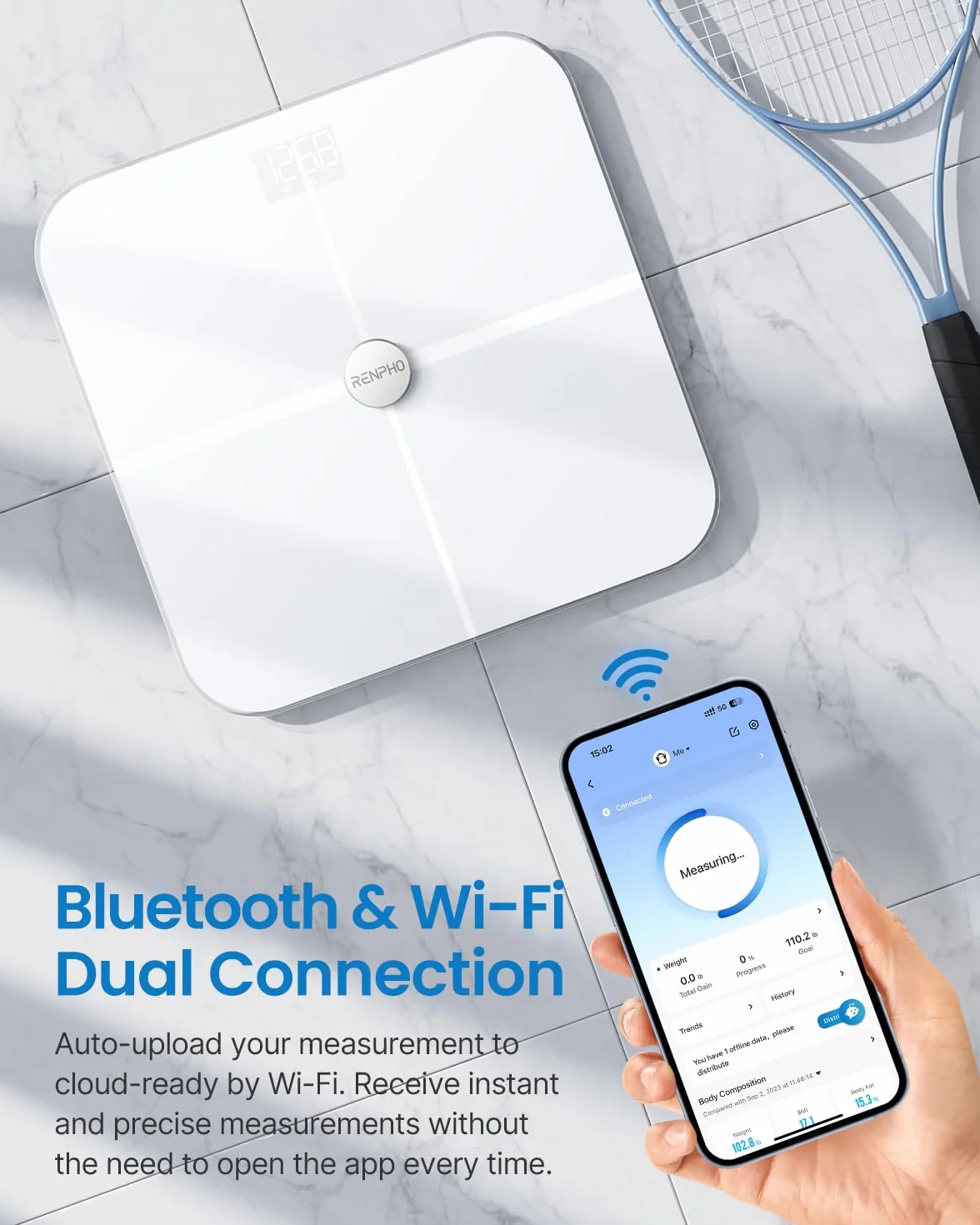 RENPHO Wi-Fi Waga tkanki tłuszczowej Skala składu ciała Bluetooth Inteligentna cyfrowa waga łazienkowa z aplikacją na smartfona, ITO White