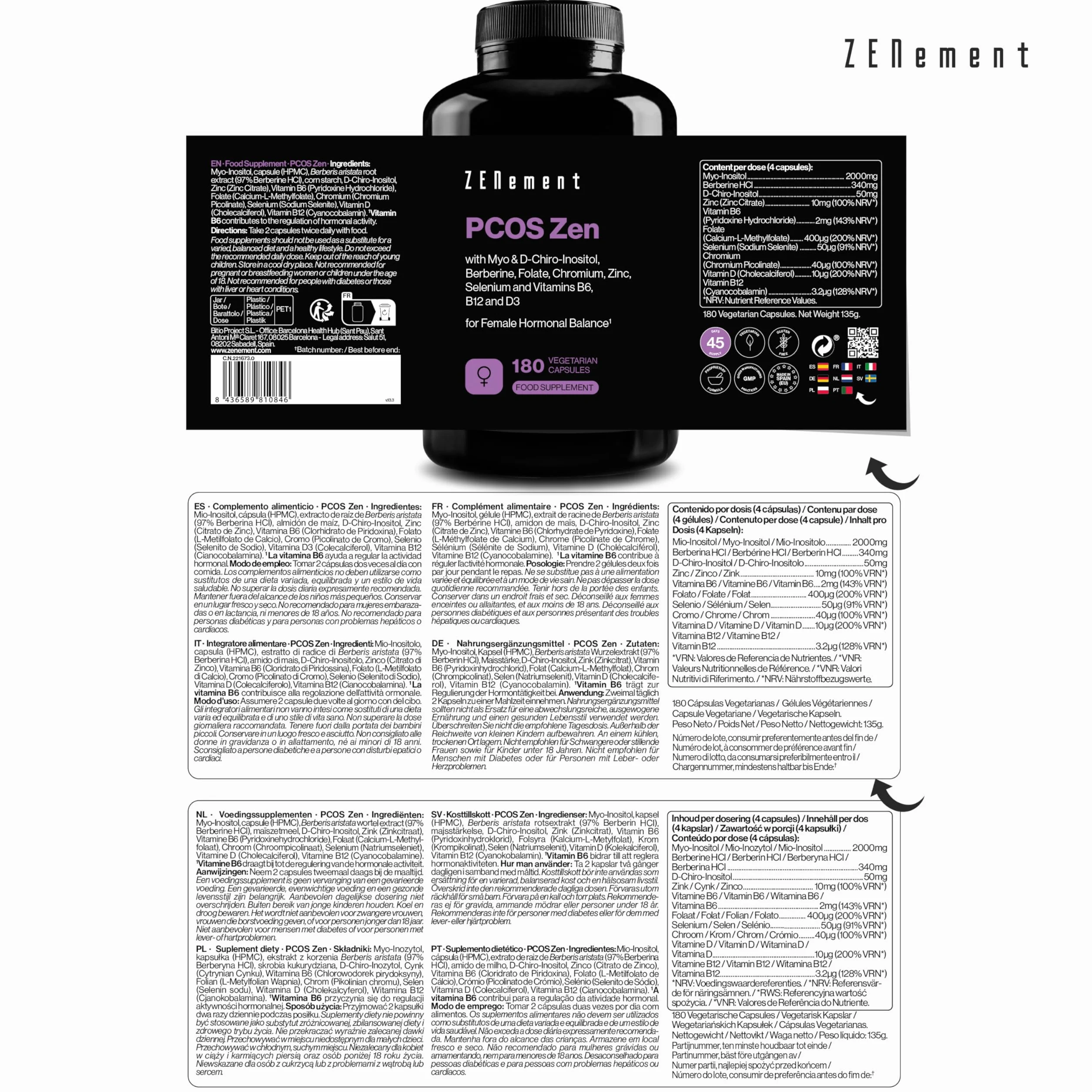 PCOS Zen – Myo-inozytol i D-Chiro-inozytol – Kompleksowa formuła na PCOS – Równowaga hormonalna i wsparcie metabolizmu kobiet – 180 kapsułek roślinnych – Zenement