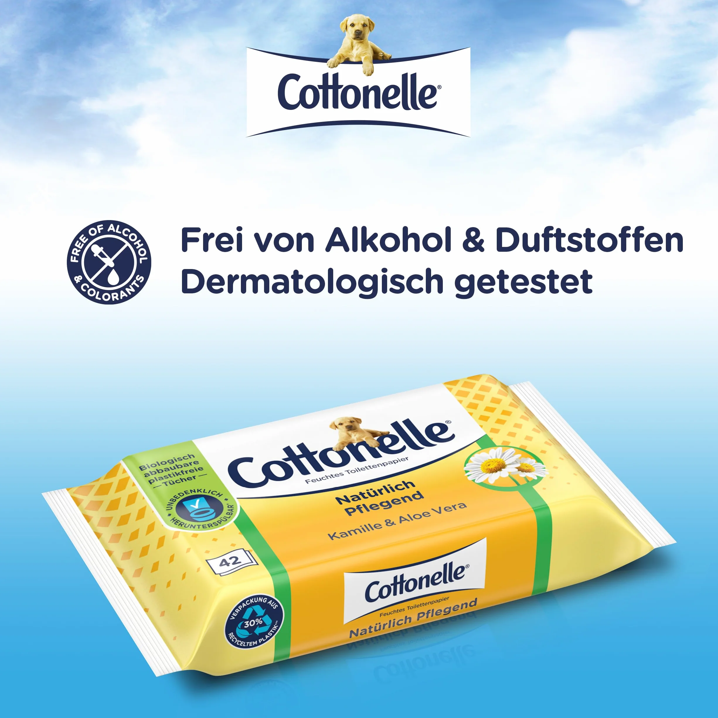 Cottonelle Wilgotny papier toaletowy, naturalnie pielęgnujący – rumianek i aloes, biodegradowalny, nie zawiera plastiku, możliwość ponownego zamknięcia, opakowanie ekonomiczne, 12 x 42 chusteczki