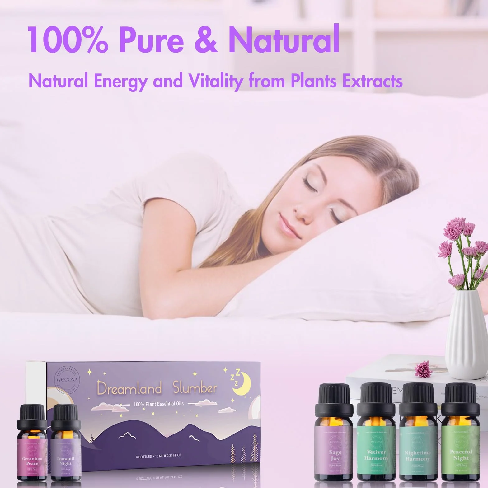 Zestaw olejków eterycznych do spania - Sage Joy, Nighttime Harmony, Vetiver Harmony, Peaceful Night, Geranium Peace, Tranquil Night - Aromaterapia i dyfuzor