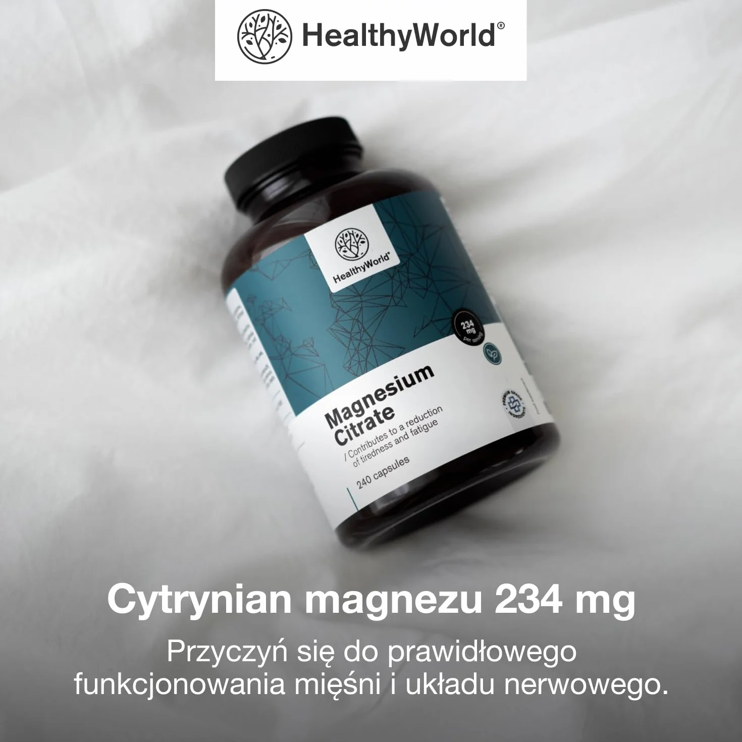 HealthyWorld Cytrynian magnezu 234 mg - 240 Kapsułek Roślinnych - Na ponad 7 Miesięcy - 480 mg Cytrynianu Magnezu i 270 mg Tlenku Magnezu - Na Wsparcie Mięśni i Wzrost Energii
