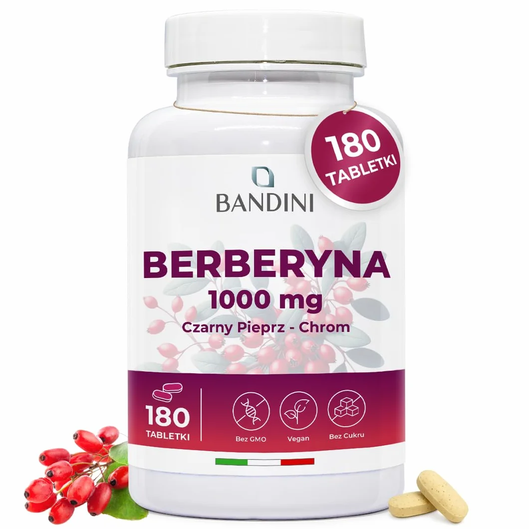 Bandini Berberine 1000mg 180 wegańskich tabletek Berberyna HCl Chrom Czarny Pieprz
