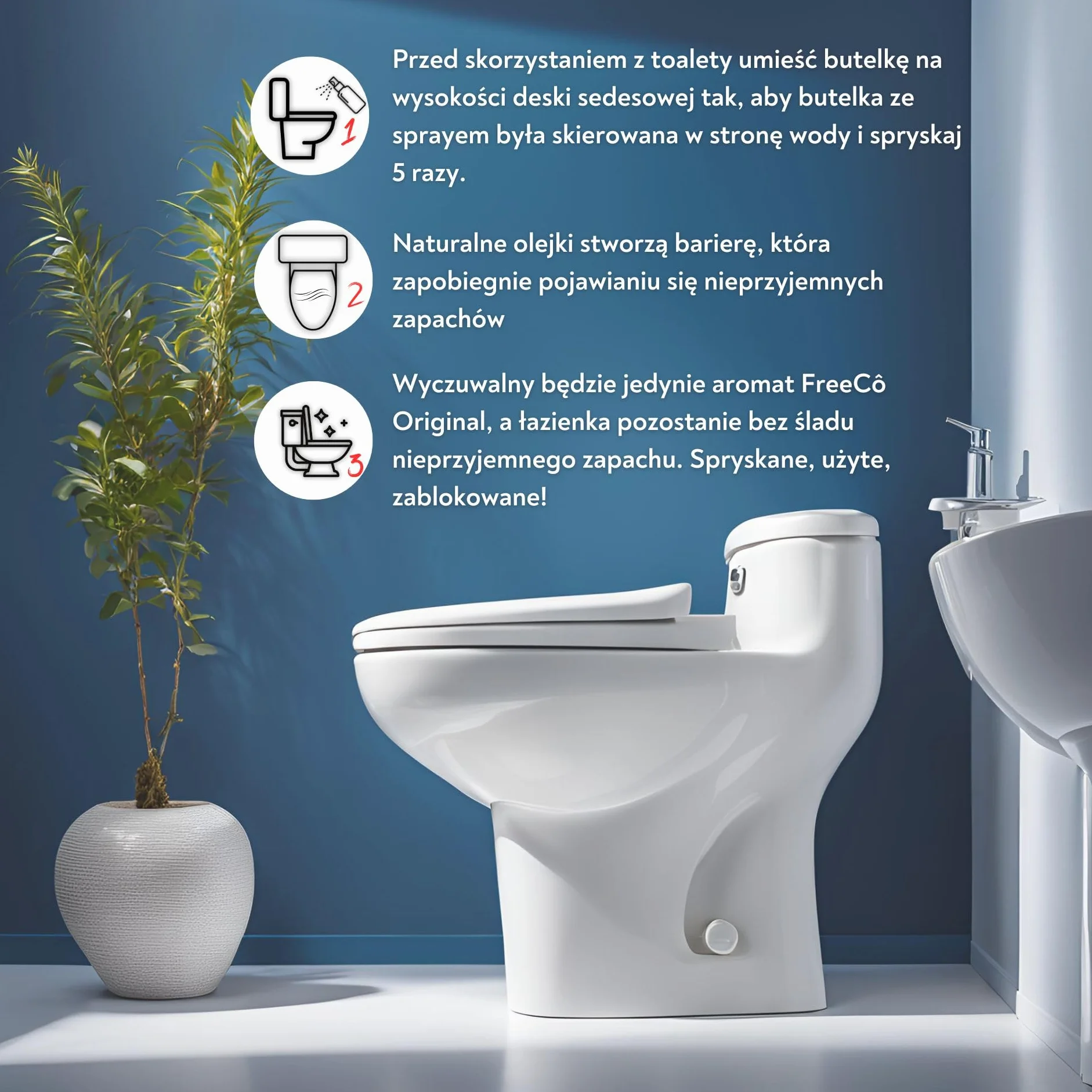 Freeco Spray do WC Przed Użyciem | Blokuje zapach, z Olejkami Eterycznymi | Idealny do Domu, Biura i w Podróży | Opakowanie 1x60ml, Oryginalny Zapach Cytrusowy
