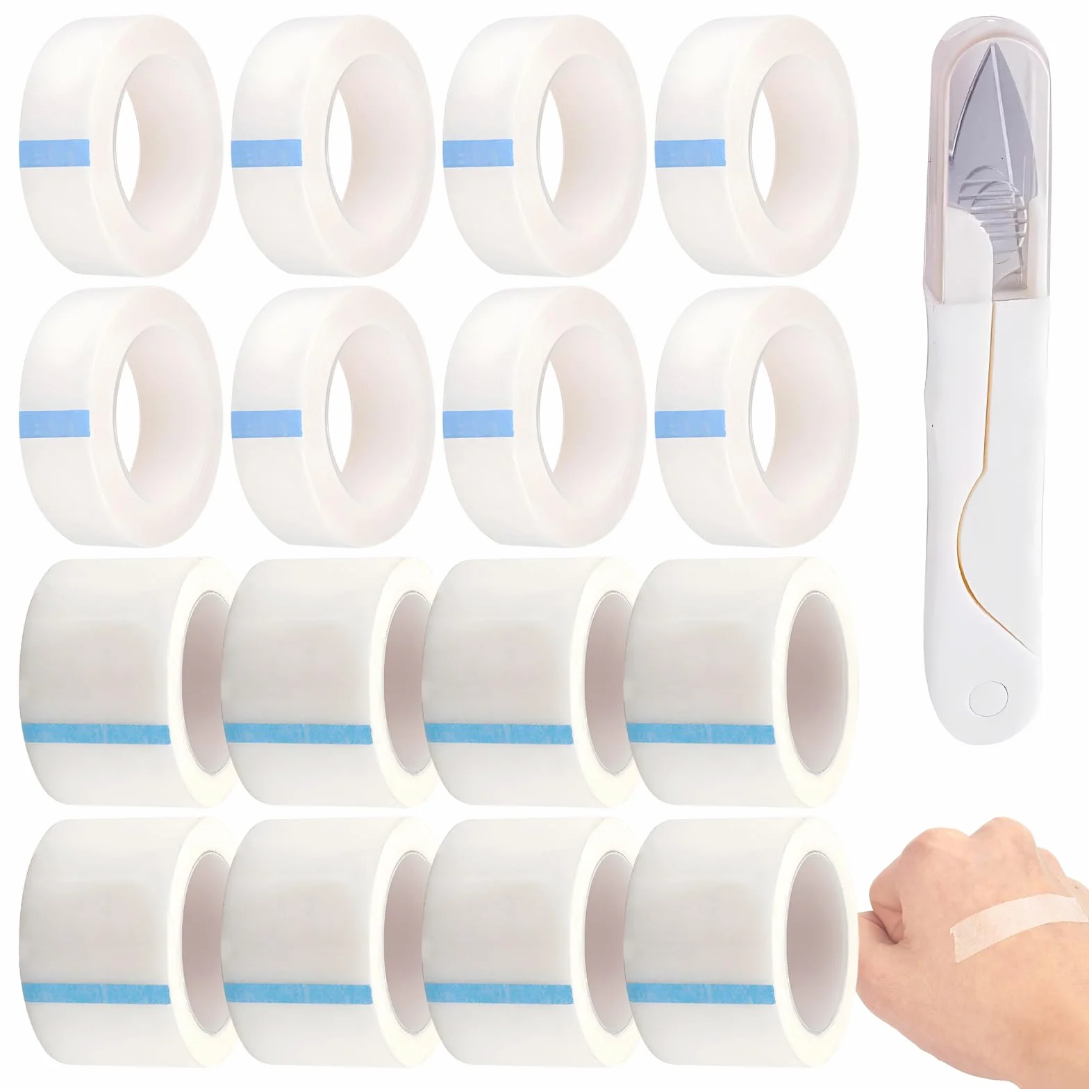 16 rolek plastrów mocujących w rolce taśmy micropore Tape 1,2 cm x 9 m i 2,5 cm x 9 m zapewnia mocne trzymanie, odpowiednie do skóry wrażliwej, kolor biały