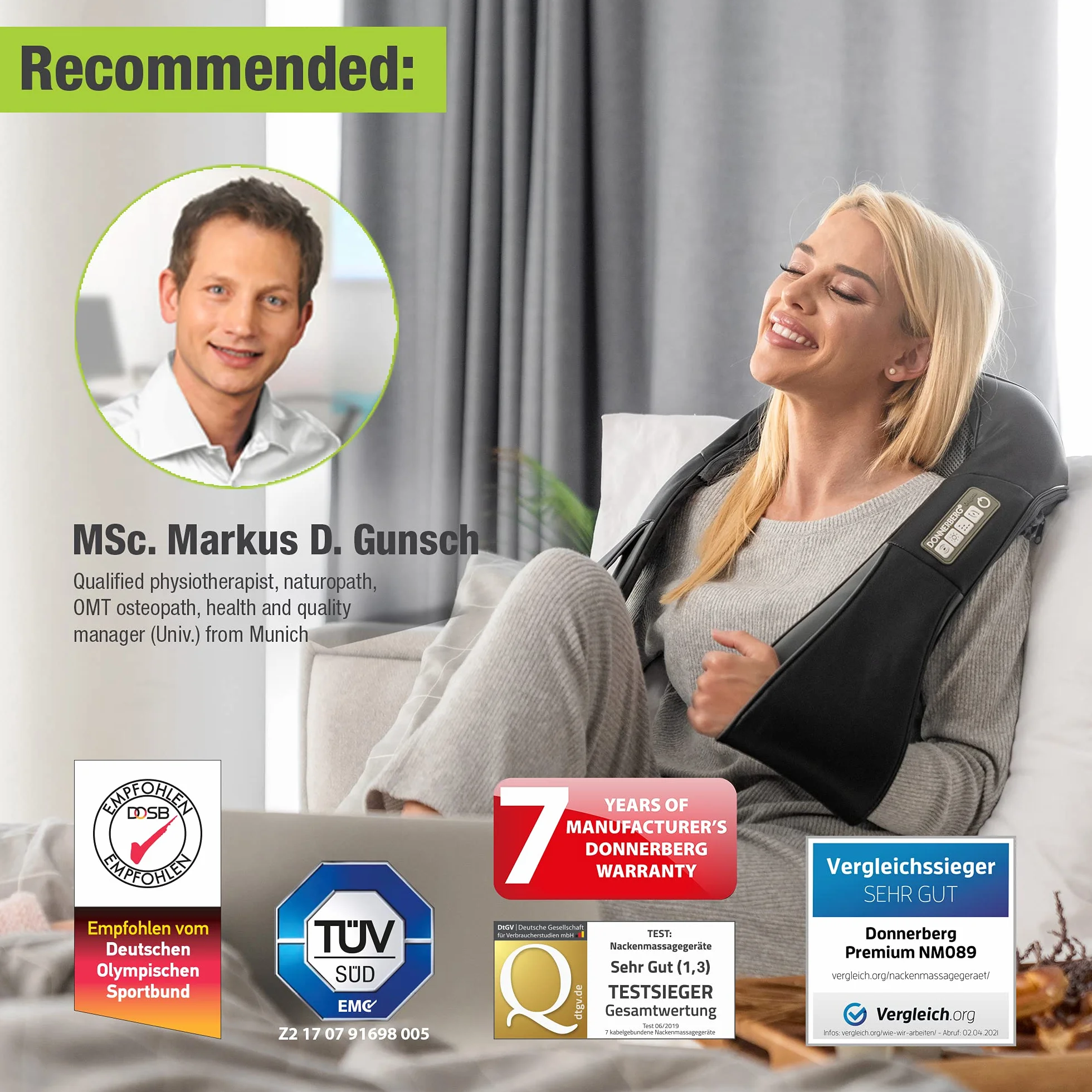 Donnerberg masażer Shiatsu do pleców i ramion z funkcją grzania i wibracjami