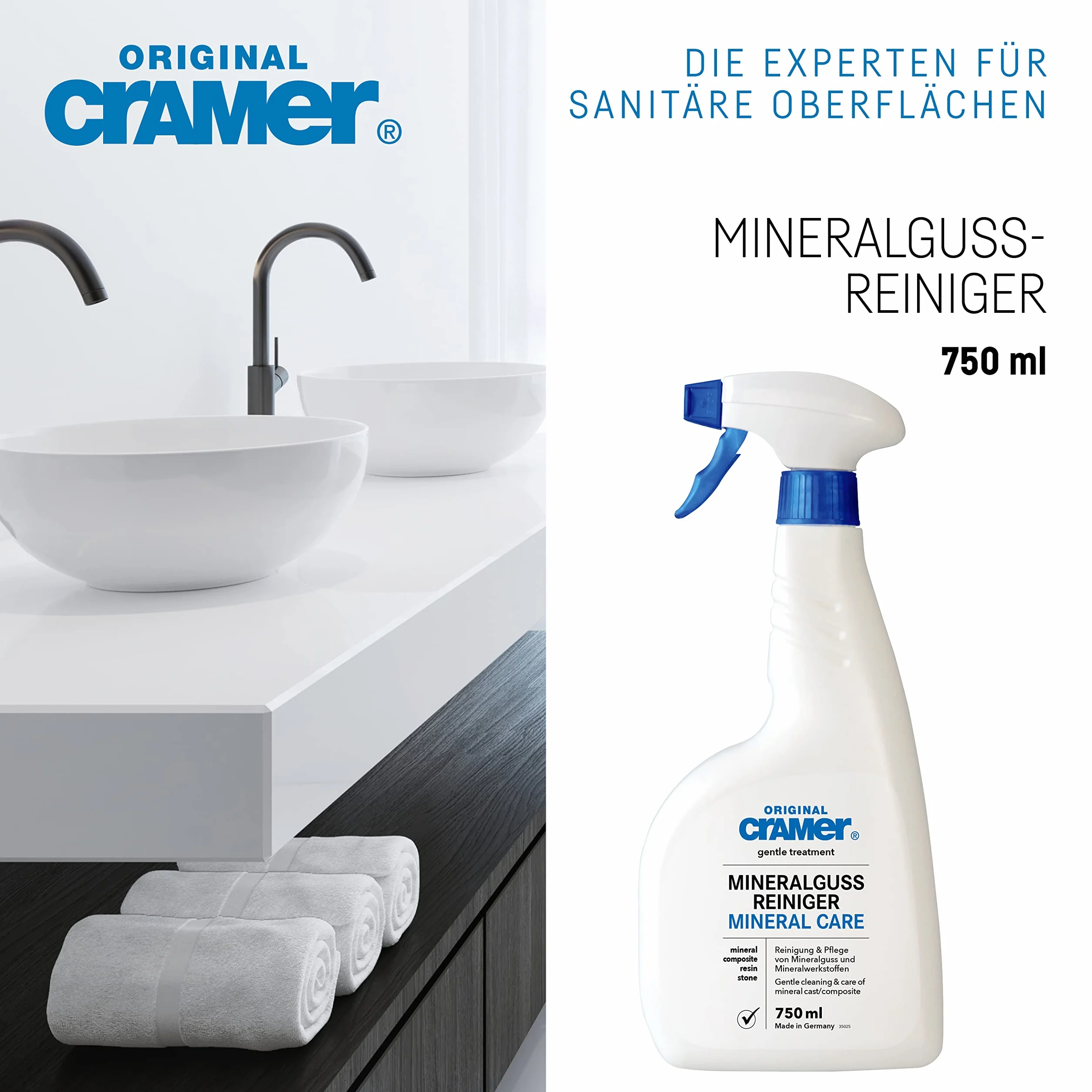 Cramer Środek do czyszczenia i pielęgnacji powierzchni z odlewu mineralnego, butelka z rozpylaczem 750 ml, 10,5 x 5,7 cm, naturalne składniki, 66126 3