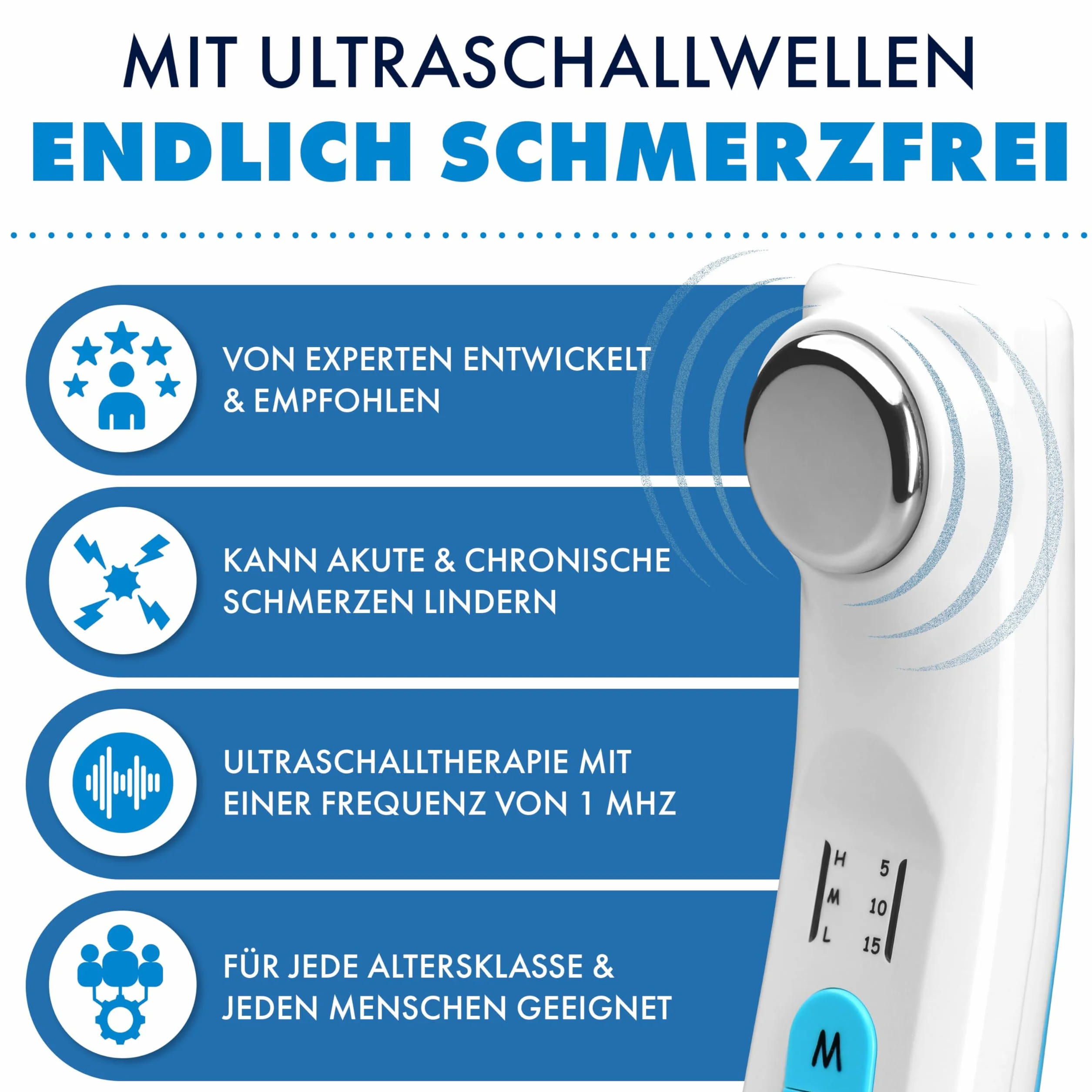 Ultradźwiękowa terapia bólu – certyfikowany produkt medyczny, skuteczny w przypadku bólu mięśni, artrozy, naprężeń i napięć, żel ultradźwiękowy 150 ml, 3 poziomy intensywności, plecy i stawy