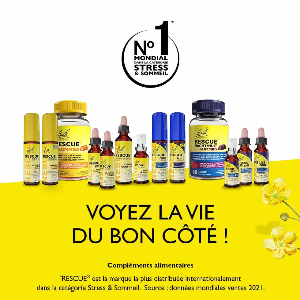 RESCUE - Bezalkoholowy spray Naturalne samopoczucie emocjonalne - Mieszanka 5 oryginalnych kwiatów Bacha - Idealny na codzienne stresy: podróże, egzaminy, spotkania, pracowity dzień - 20 ml