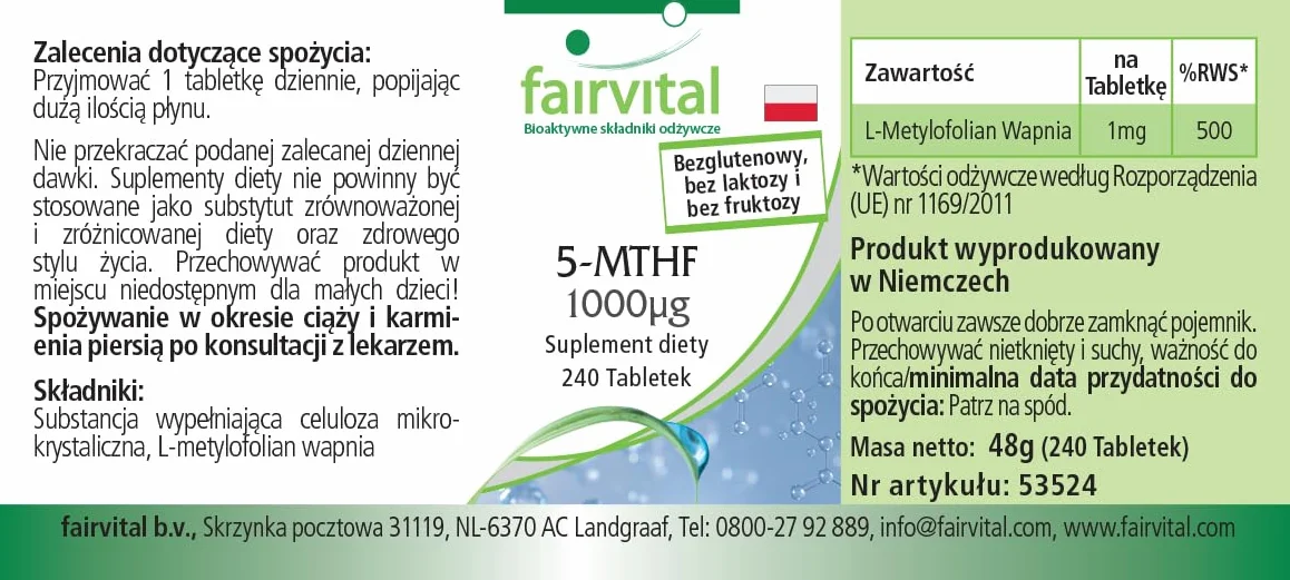 Fairvital | 5-MTHF - 240 tabletek - 1mg na tabletkę - bioaktywny kwas foliowy - płodność i ciąża - sprawdzona jakość i wysoka dawka - 100% wegańskie - wyprodukowano w Niemczech