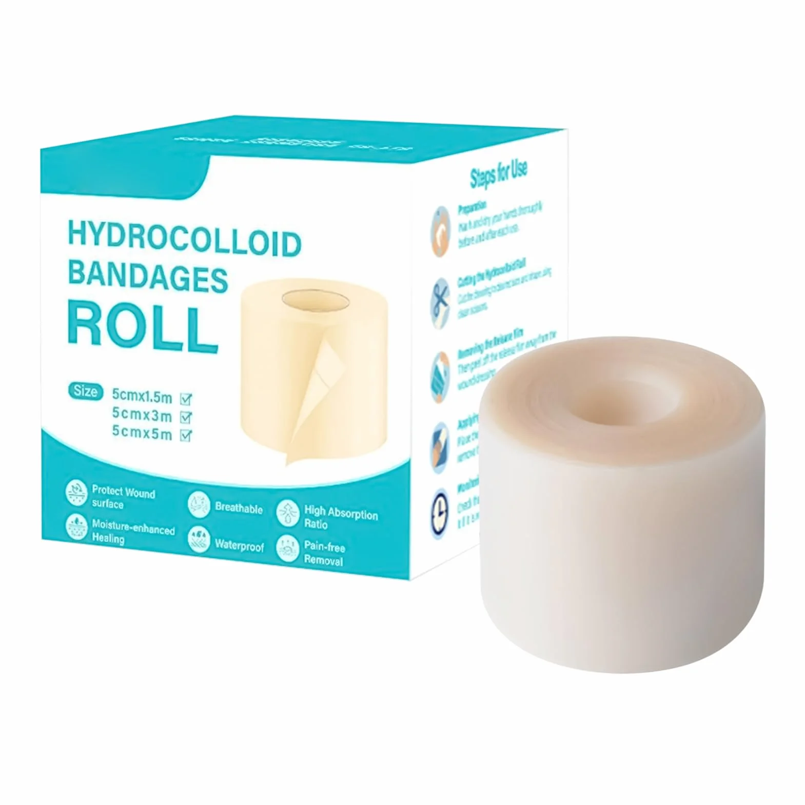 Rolka hydrokoloidowa, opatrunki hydrokoloidowe, taśma gipsowa, hydrokoloidowe bandaże szerokość 5 cm, elastyczna i przyjazna dla skóry łatka bandażowa przycięta na wymiar na pęcherze, drobne rany
