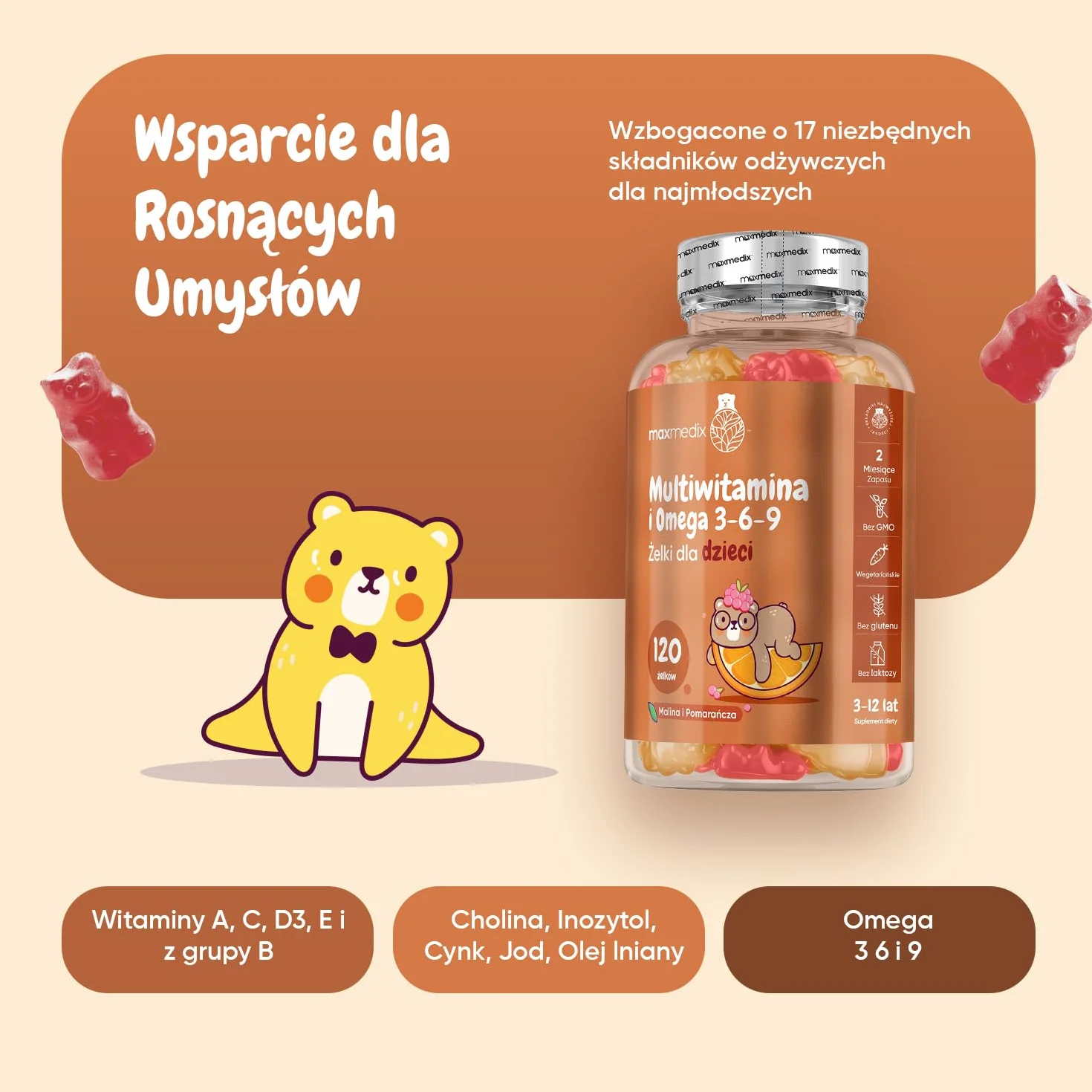 Multiwitaminowe żelki z Omega 3 6 9 dla dzieci o smaku malinowym i pomarańczowym – 120 sztuk – kompleks 17 witamin, minerałów i kwasów tłuszczowych Omega, bez GMO, glutenu i laktozy