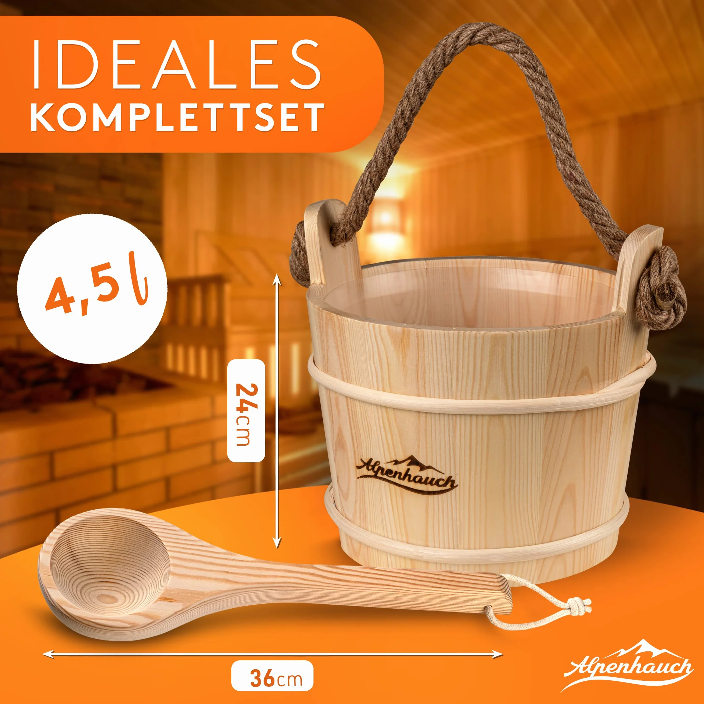 ALPENHAUCH Wiadro do sauny z kielnią [100% naturalne drewno] - eleganckie wiadro do sauny z kielnią - trwałe akcesoria do sauny - zestaw wiader infuzyjnych