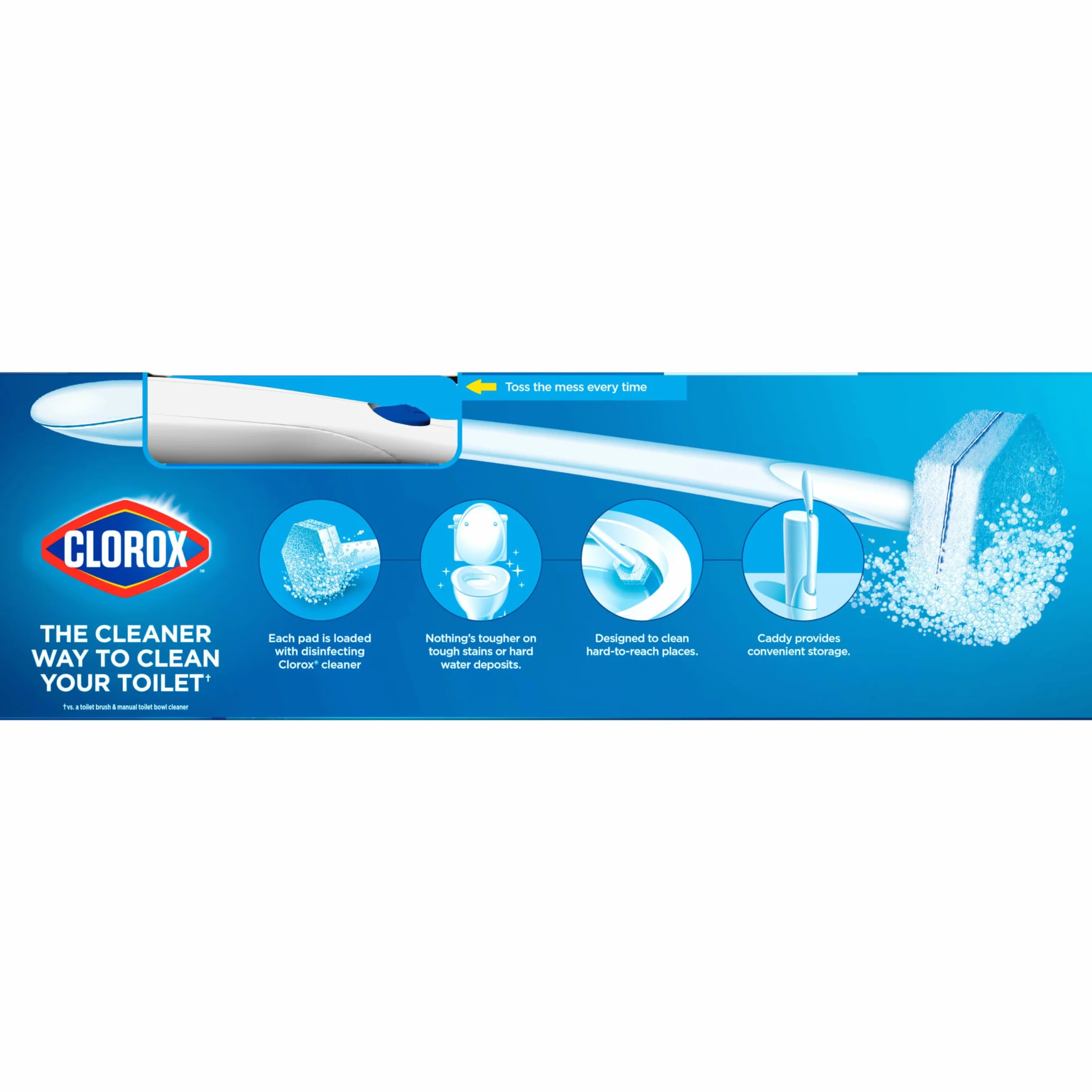 Clorox 03191 Jednorazowy system czyszczenia toalety z 6 głowicami do dezynfekcji różdżki toaletowej, biały/niebieski, 8 sztuk