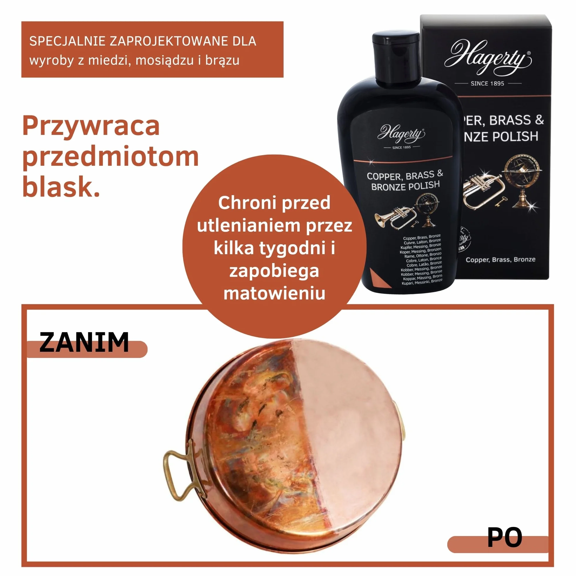 Hagerty Copper Brass & Bronze Polish 250 ml I Skuteczna politura do brązu mosiądzu i miedzi przywracająca połysk I Pasta do polerowania wazonów rzeźb miedzianych naczyń artykułów