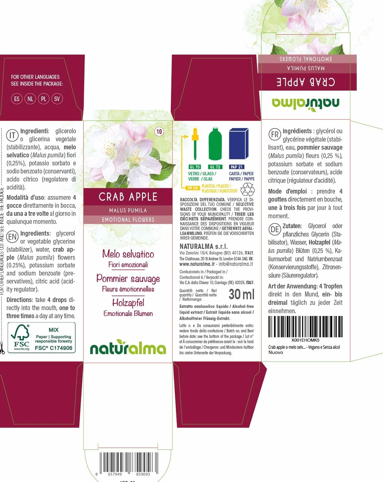 Crab apple lub Jabłoń płonka (Malus pumila) Kwiaty emocji lub Kwiaty Bacha Naturalma - Krople 30 ml - Płynny ekstrakt bezalkoholowy - Esencje kwiatowe - Wegański