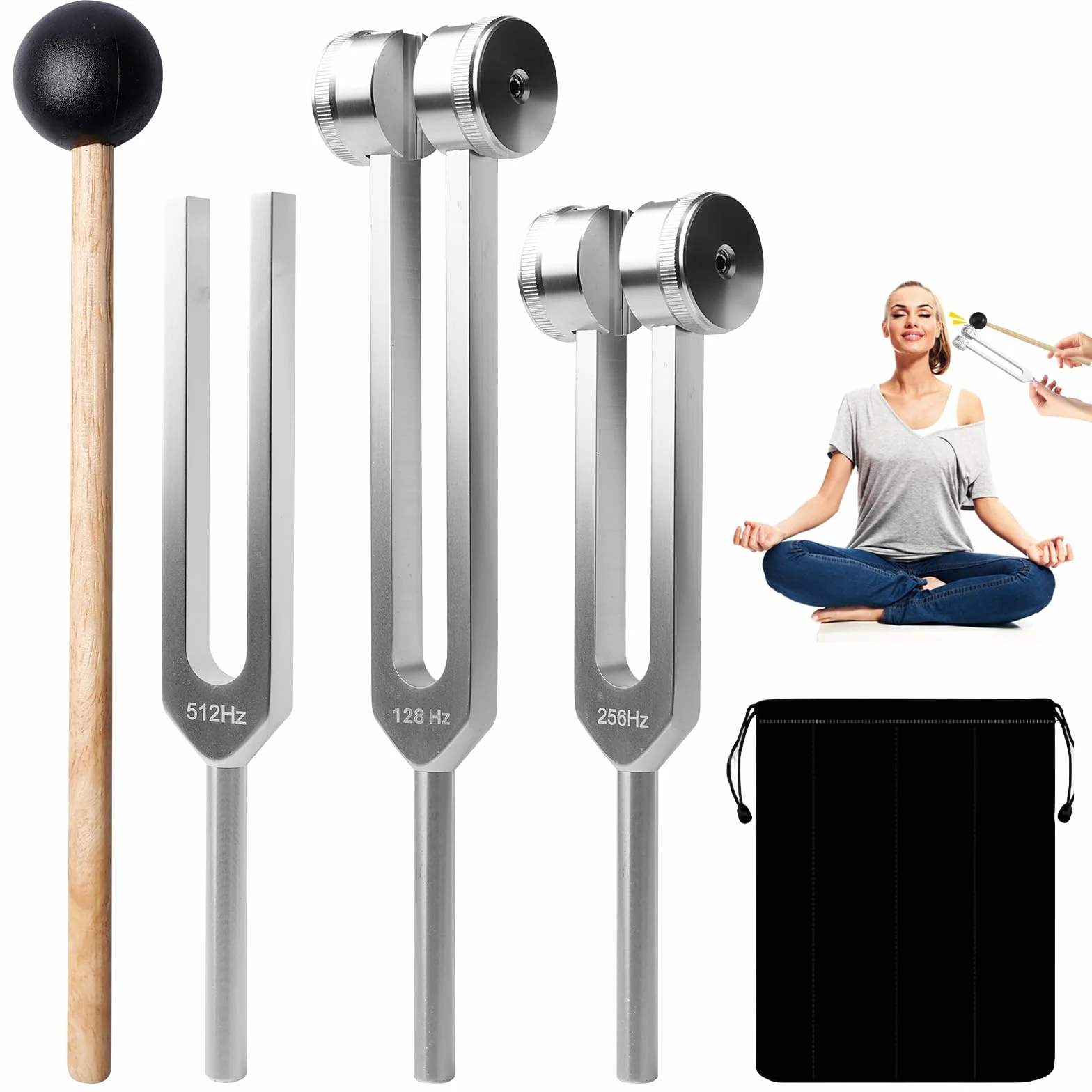 Zestaw kamertonów WANDGU: 3 kamertony 128 Hz, 256 Hz, 512 Hz, zestaw kamertonów z młotkiem + torebka z tkaniny, kamertony Instrument oferuje dokładny zakres częstotliwości dla terapii dźwiękiem