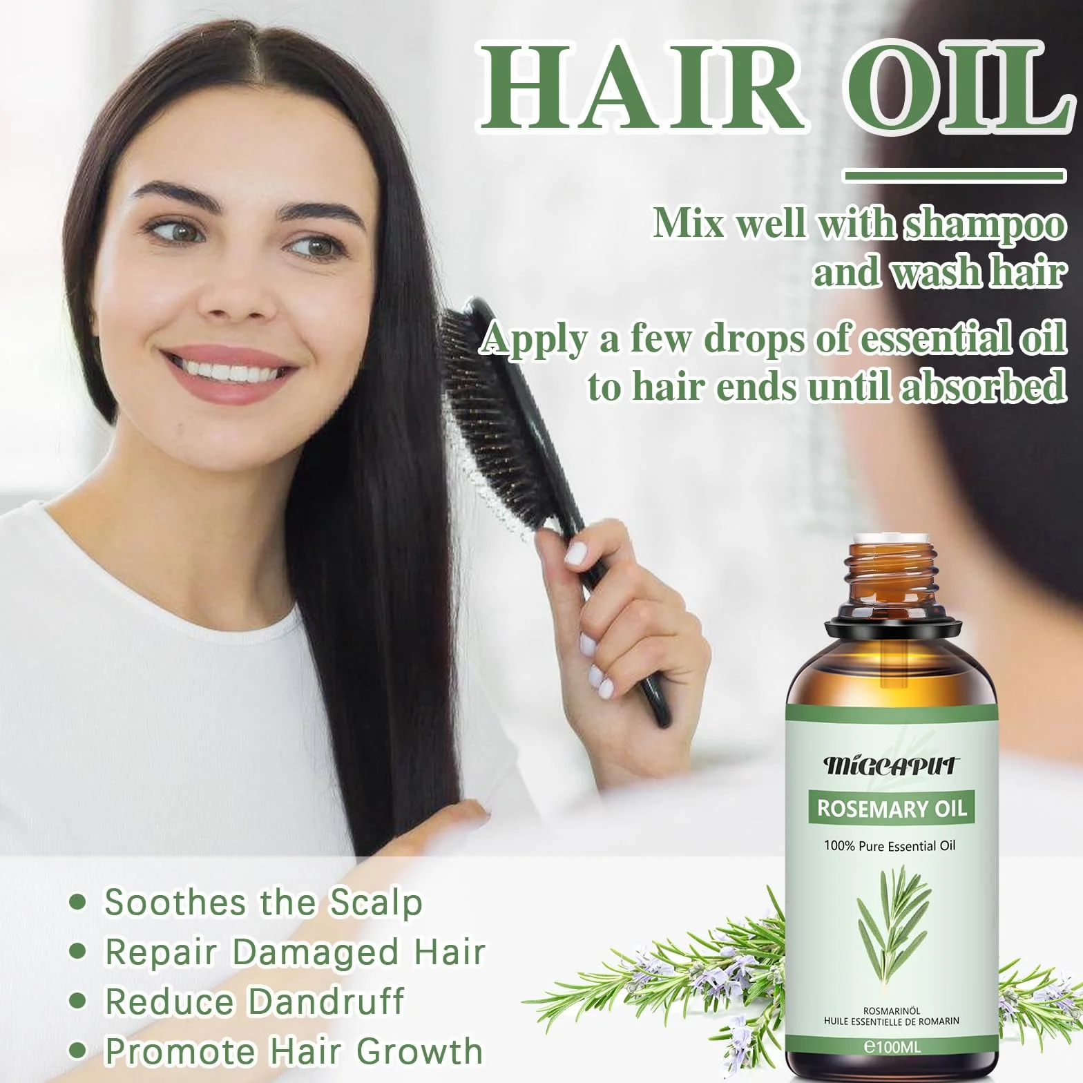 MIGCAPUT Olejek Eteryczny z Rozmarynu 100ML, 100% Naturalne Olejki Eteryczne do Aromaterapii, Olejek Rozmarynowy Klasy Terapeutycznej do Dyfuzora Nawilżacza, SPA, Masażu