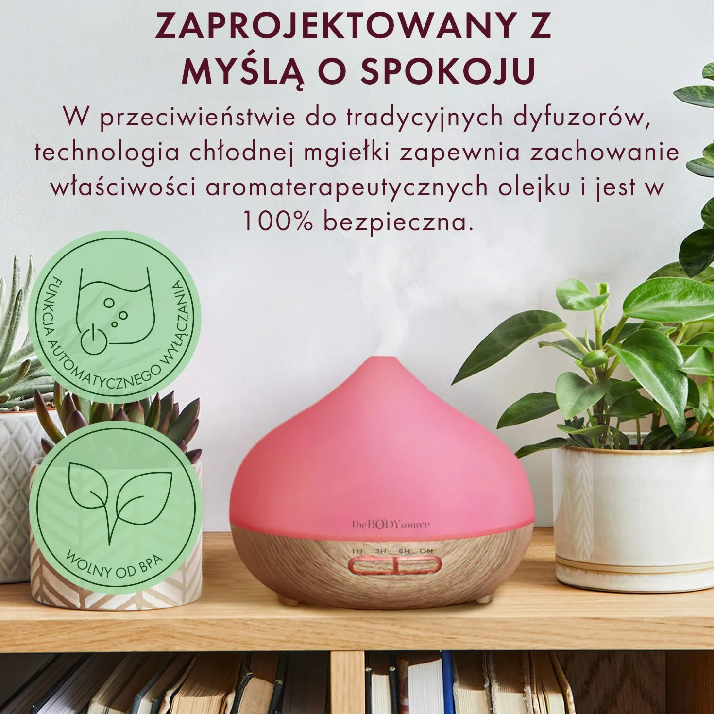 The Body Source Dyfuzor Zapachowy Olejków Eterycznych, Ultradźwiękowa Lampa LED Zapachowa z 7 kolorami, Elektryczny Nawilżacz Powietrza, Timer, Aromaterapia Do Domu, Biura, Pokoju Dziecięcego, 300 ml