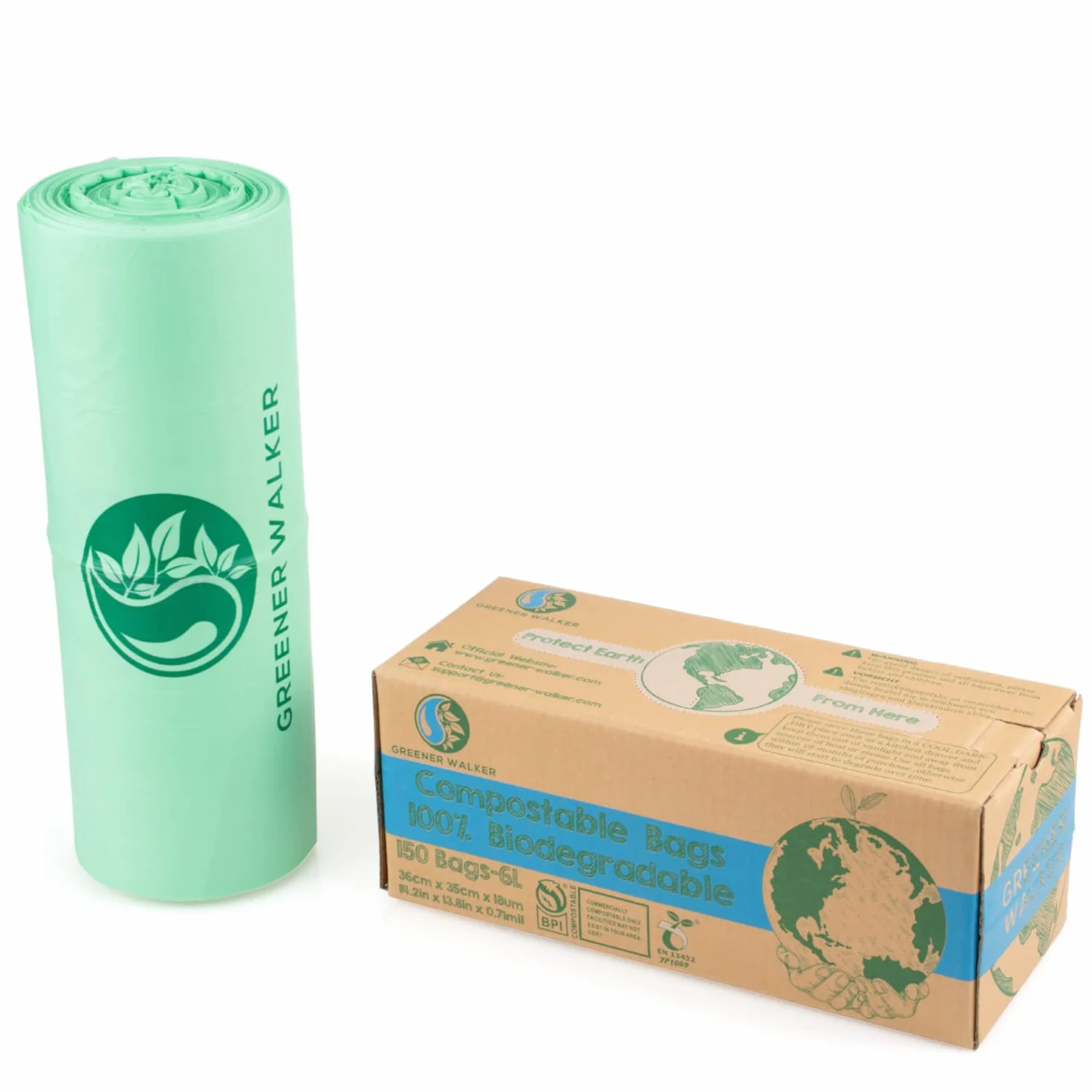 Greener Walker 10L-150 worków 100% kompostowalne biologicznie rozkładalne worki na śmieci 6 l/10 l/30 l worki na śmieci do kuchni, 100% kompostowalne, z certyfikatem EN13432