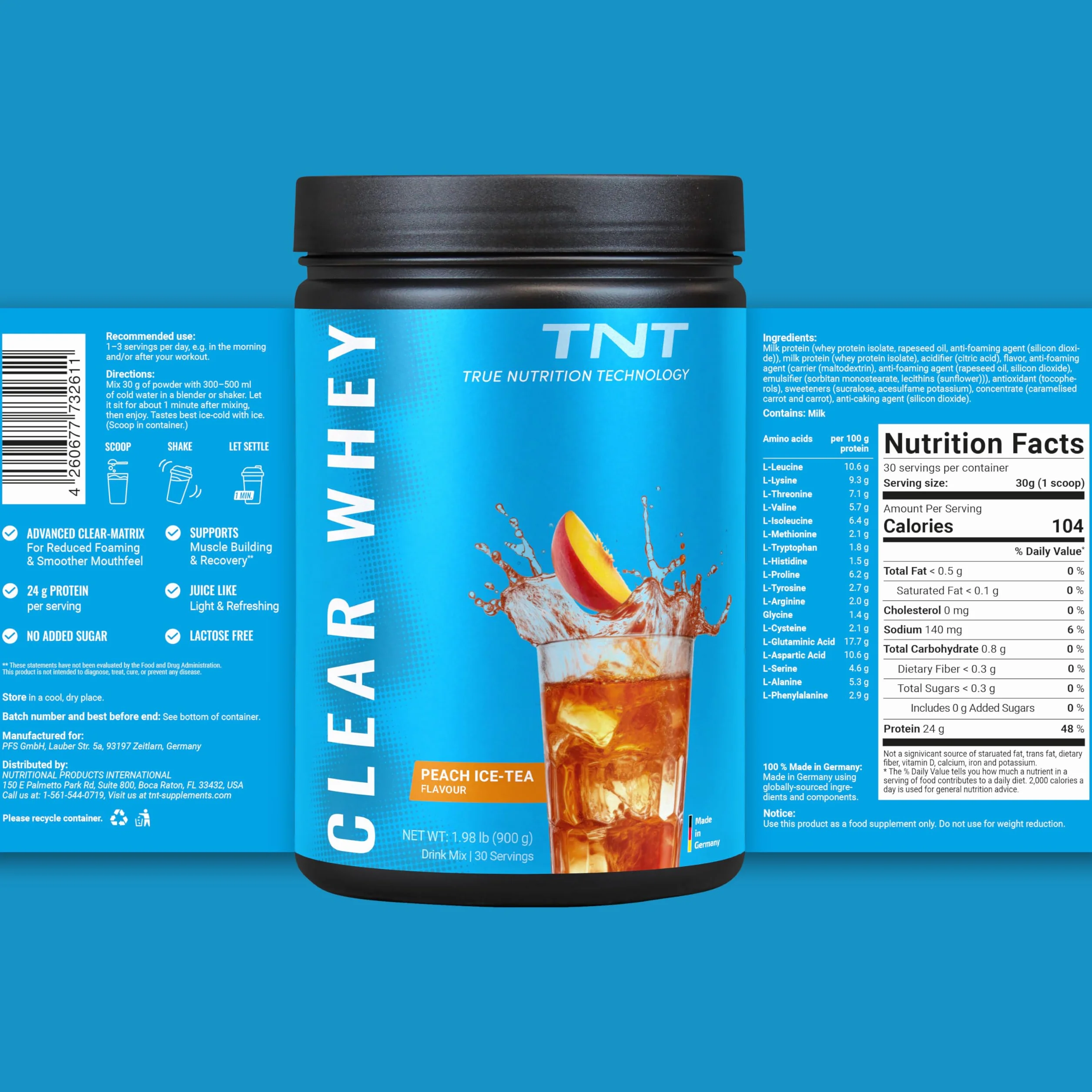 TNT Clear Whey "Peach Ice–Tea" (900 g) • Izolat serwatkowy w proszku o smaku brzoskwiniowej herbaty mrożonej • Mrożona herbata wysokoproteinowa z BCAA • Clear Whey jako shake proteinowy