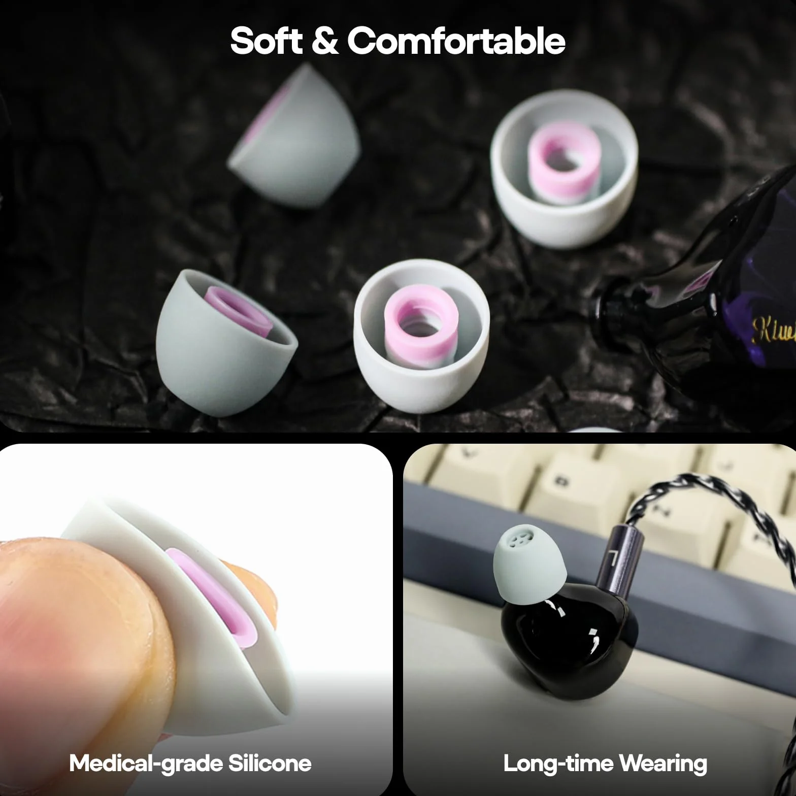 Linsoul Kiwi Ears Flex zatyczki do uszu, zamiennik silikonowych końcówek IEM, 3 pary, rozmiar S/M/L, do KZ ZS10 Pro, Orchestra Lite, Cadenza słuchawki przewodowe/bezprzewodowe (szaro-różowe)