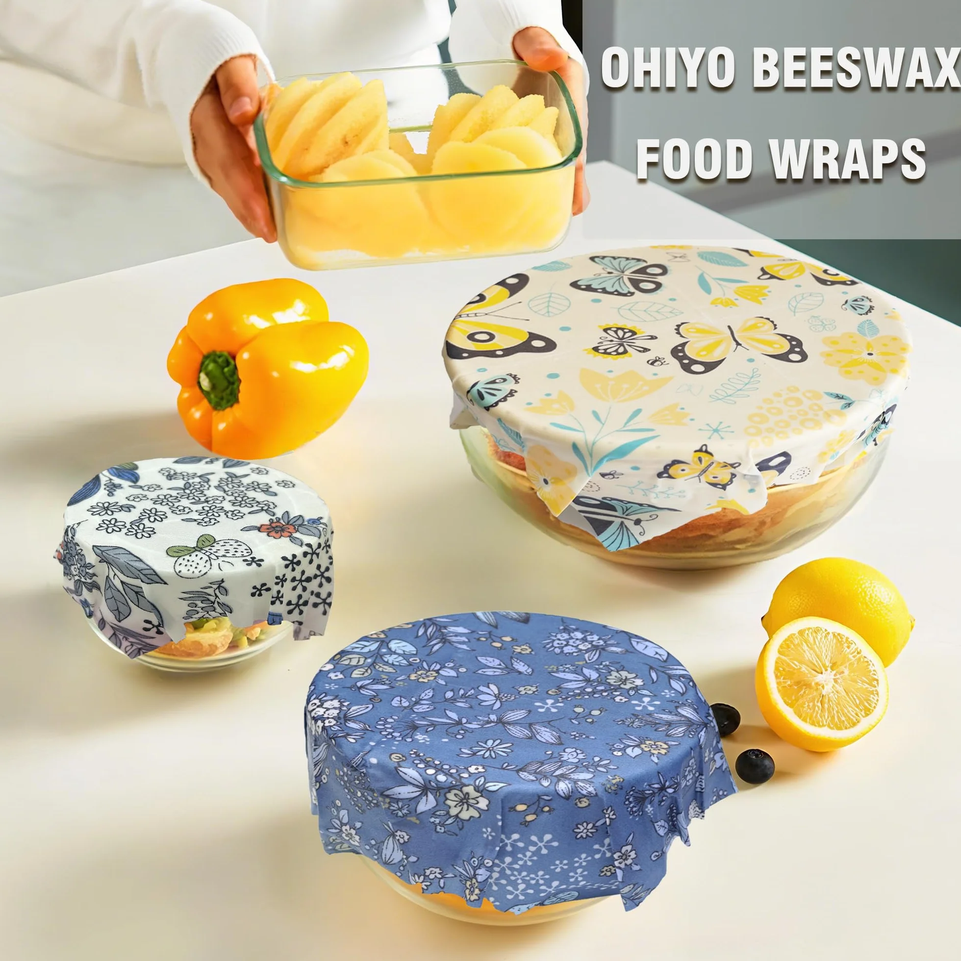 OHIYO Wielokrotnego użytku owijka z wosku pszczelego do żywności, 9-pak z bawełny organicznej z woskiem pszczelim (1XL + 3M + 5S), owijka do chleba i kanapek, nadaje się do misek, owoców, sera