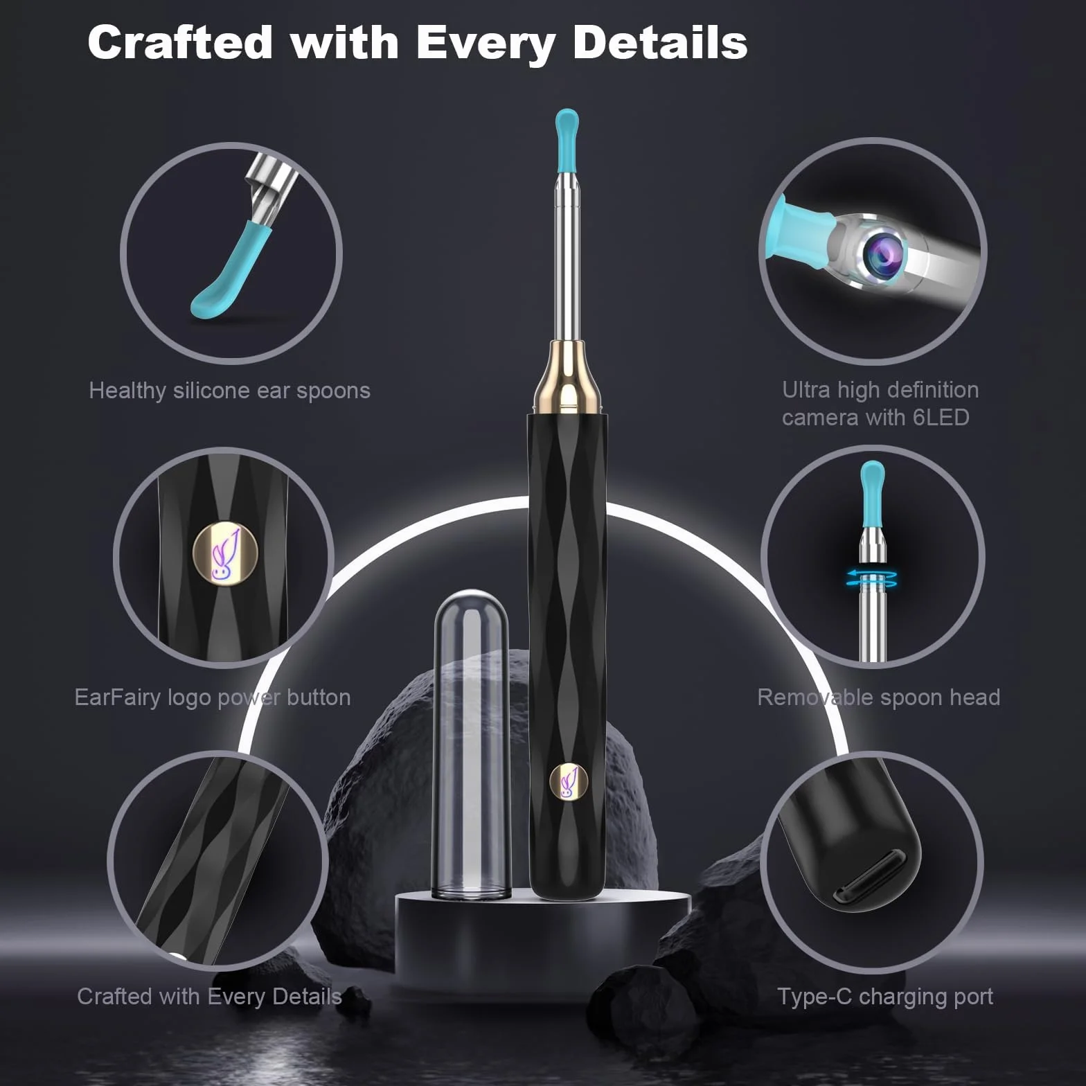 Otoskop do usuwania woskowiny z uszu EarFairy Kamera do czyszczenia uszu HD wodoodporne lusterko do czyszczenia uszu i 6 diodami LED do iPhone'a, iPada i smartfonów z systemem Android