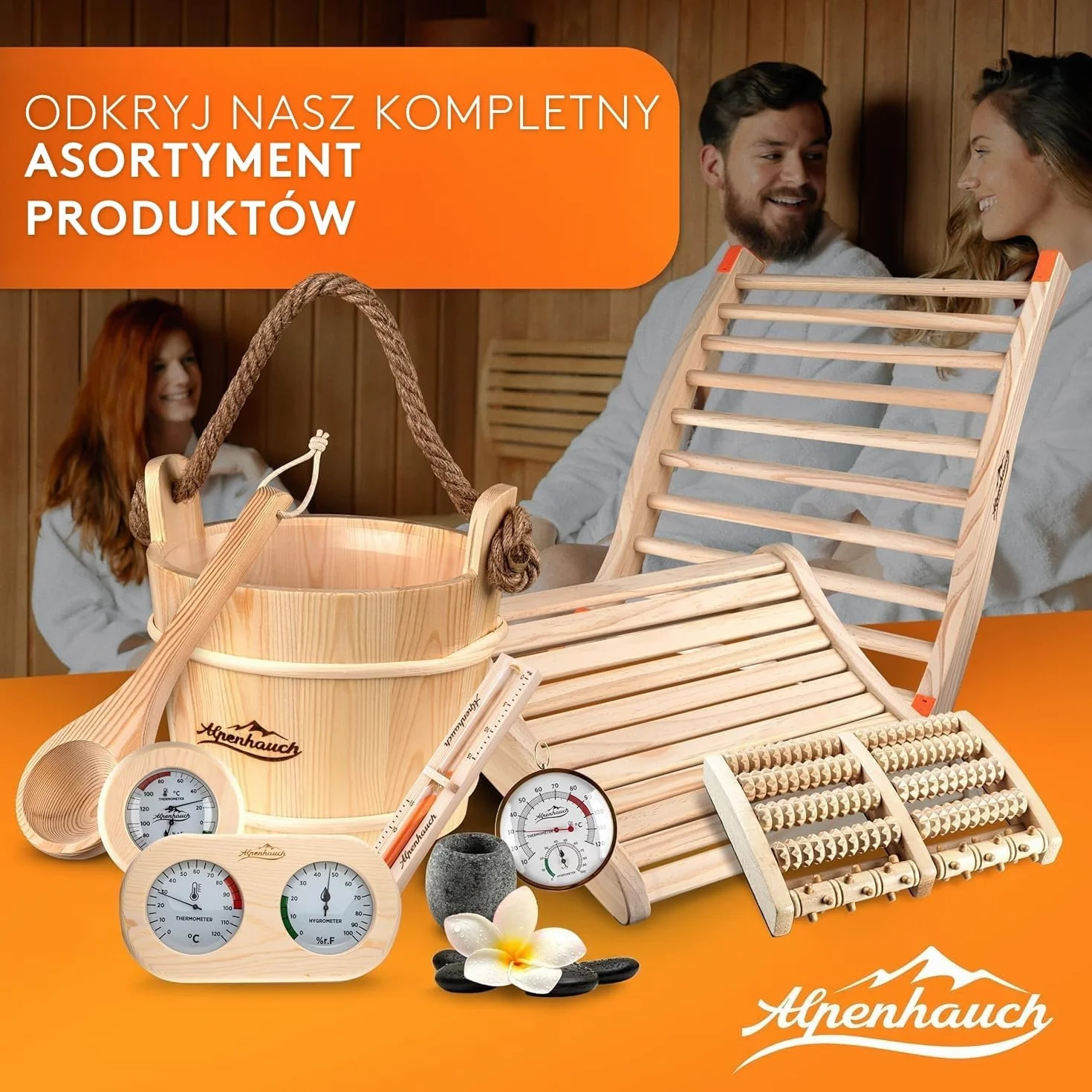 ALPENHAUCH Wiadro do sauny z chochlą [100% naturalne drewno] – eleganckie wiadro do sauny z klepsydrą i termometrem – trwałe akcesoria do sauny – zestaw wiader do nalewania z chochlą, klepsydrą i