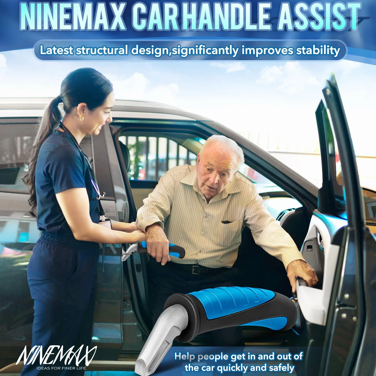 NINEMAX Pomoc w Poruszaniu Się,Uchwyt Samochodowy Dla Osób Starszych,Łatwy w Użyciu dla Seniorów Niepełnosprawnych Macierzyński(Czarny i Niebieski)
