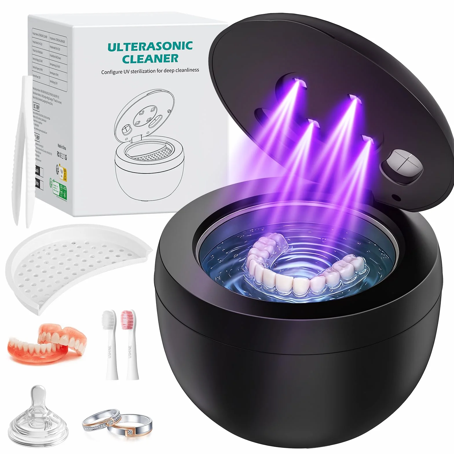 Ultradźwiękowy środek czyszczący do zębów 45000 Hz Ultradźwiękowe czyszczenie lampą UV i 4 tryby, 200 ml Ultradźwiękowy środek czyszczący do zębów Ultradźwiękowy środek czyszczący pod sztuczne zęby