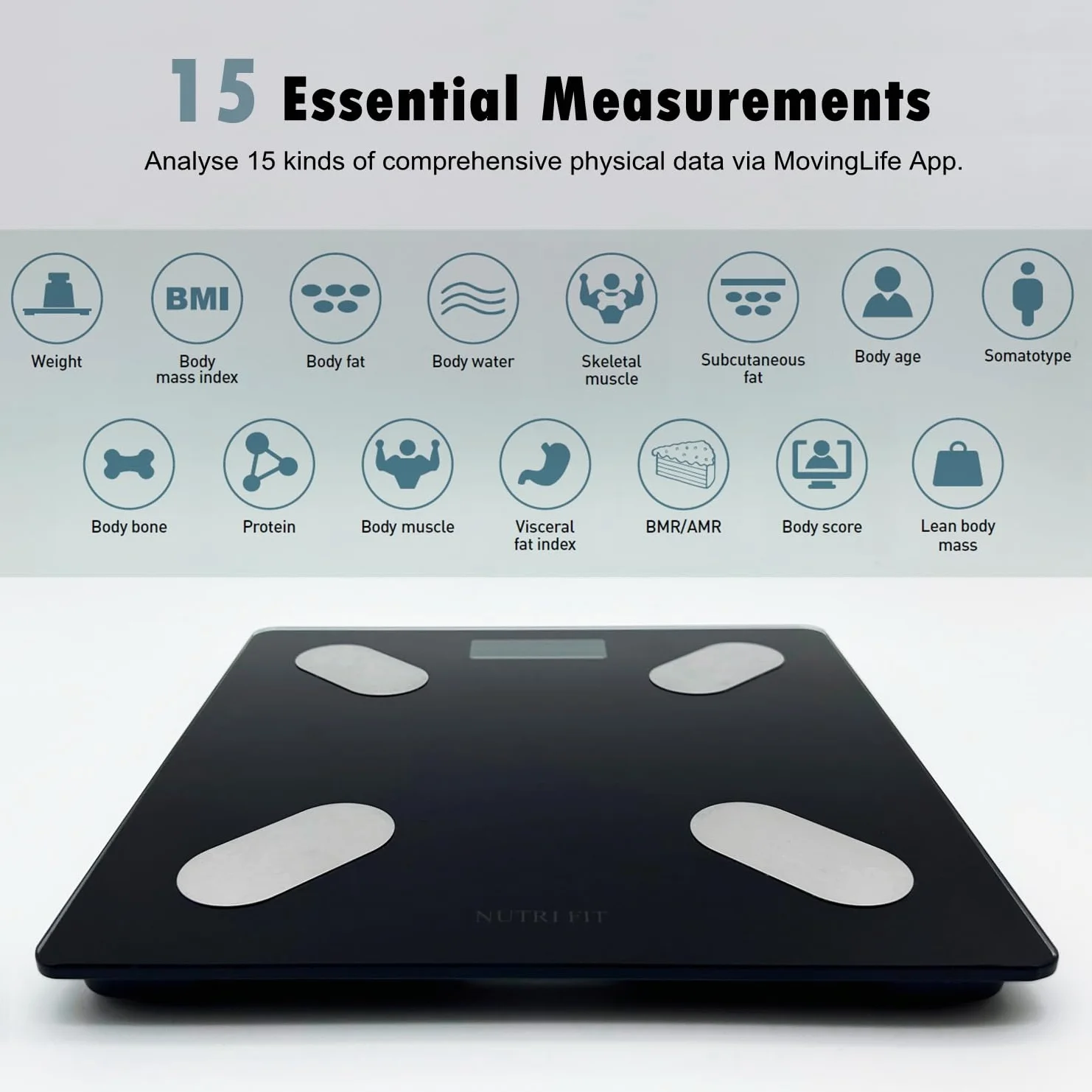 NUTRI FIT Inteligentna waga osobowa z pomiarem BMI, tkanki tłuszczowej, masy mięśniowej, 150kg, 26x26cm - Czarny