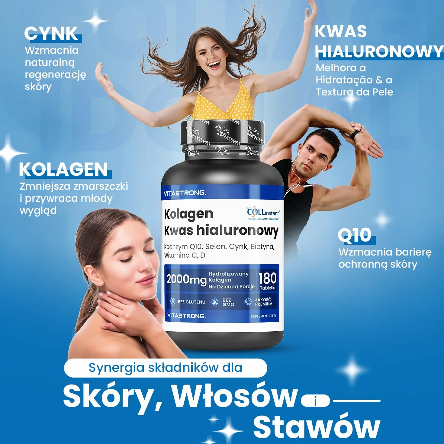 Vitastrong Hydrolizowany Kolagen 2000MG COLLinstant® Kwas Hialuronowy Biotyna Koenzym Q10 Cynk Selen Witamina C Witamina D