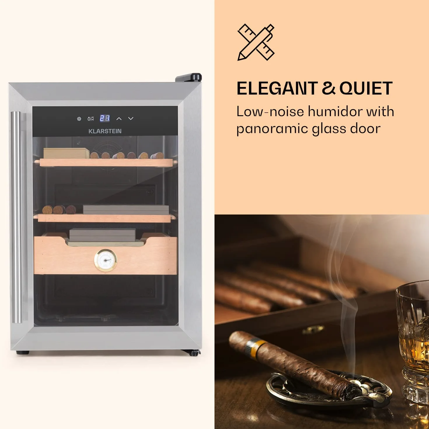 Klarstein El Presidente humidor na cygara - szafa termoelektryczna z przeszklonymi drzwiami, nawilżacz z półkami z drewna cedrowego, higrometr, oświetlenie wewnętrzne LED, 37 litrów, srebrny