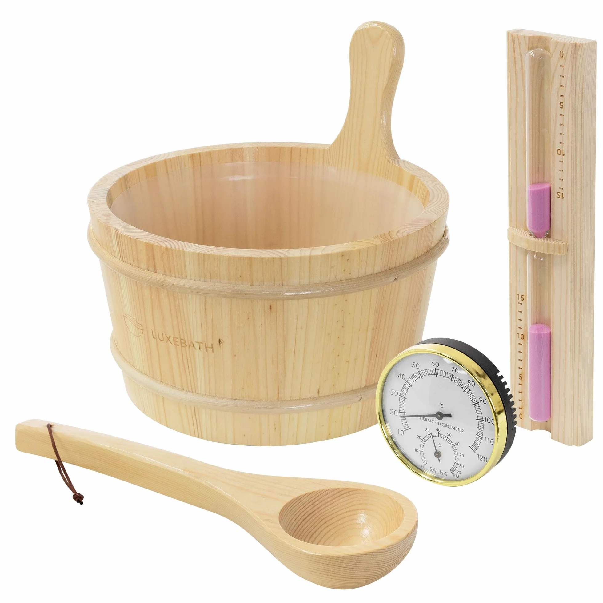 LuxeBath zestaw akcesoriów do sauny z litego drewna sosnowego 4 elementy wiadro do polewania 4,5 l z wkladem chochla termometr higrometr klepsydra 15 minut trwale wyposazenie do domowej sauny