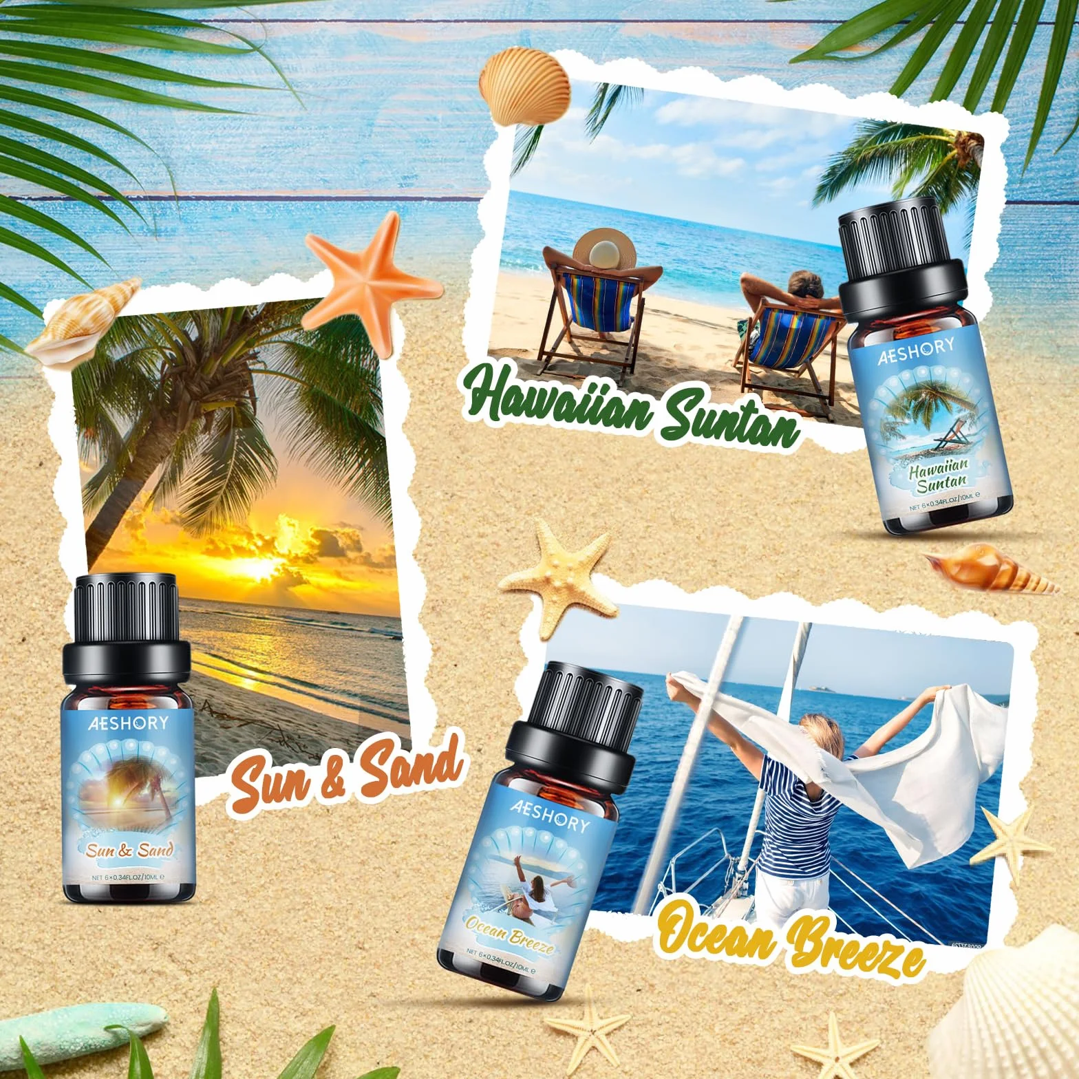 AESHORY Zestaw olejków eterycznych Beach 6 x 10 ml, Olejek zapachowy Summer Aroma Oil do dyfuzora - Hawaiian Suntan, Walk by the Sea, Sea Breeze, Sun & Sand, Rock Salt & Driftwood, Morze