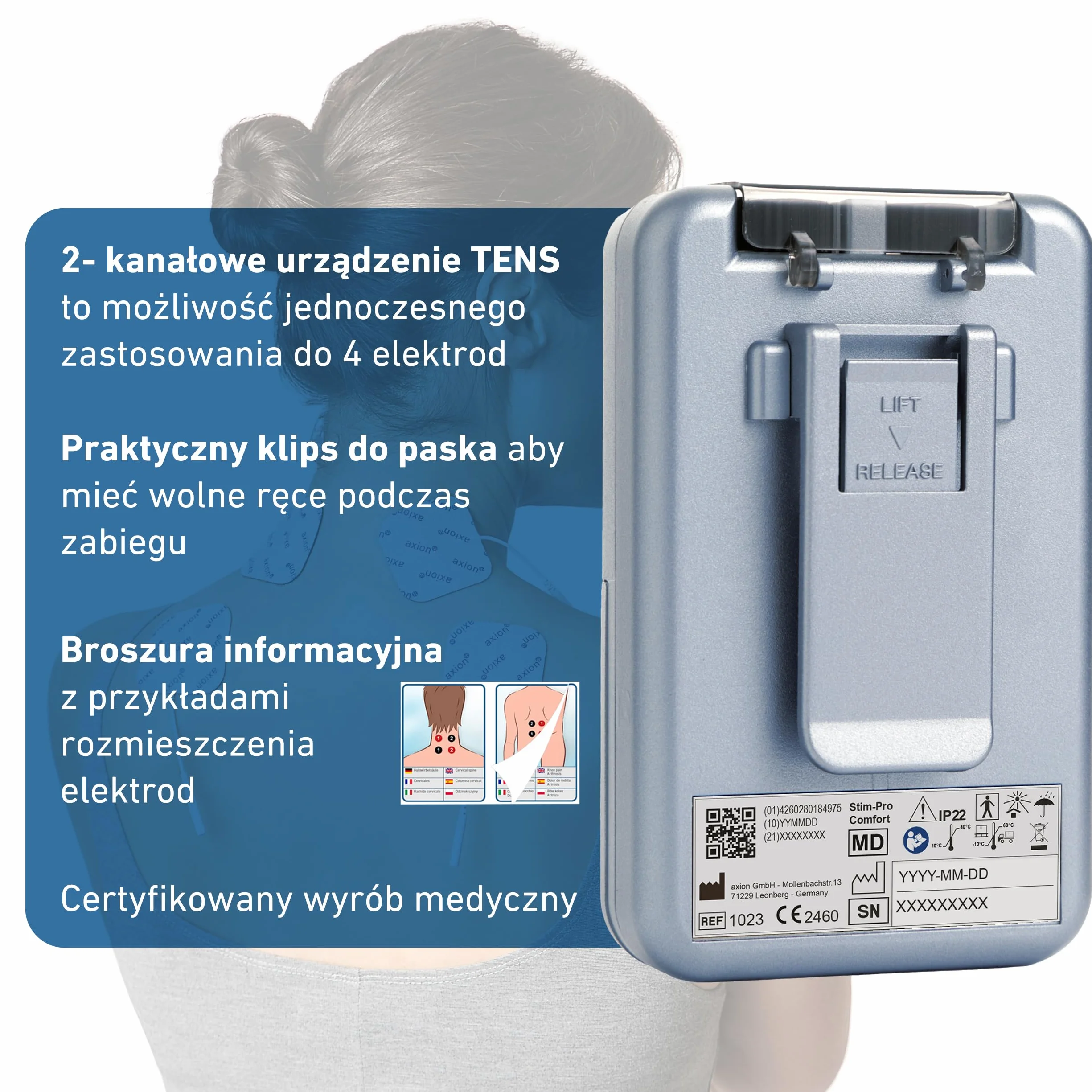 Elektrostymulator TENS STIM-PRO Comfort 2-kanałowy z 4 elektrodami żelowymi