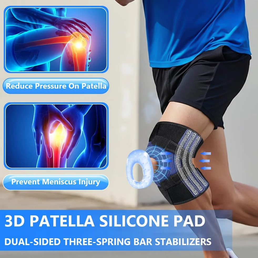 Bandaż na kolano dla kobiet i mężczyzn, regulowany stabilizator kolan z sześcioma stabilizatorami i bandażem kompresyjnym 360°, ortopedyczne podparcie kolana, bandaż sportowy na kolana do