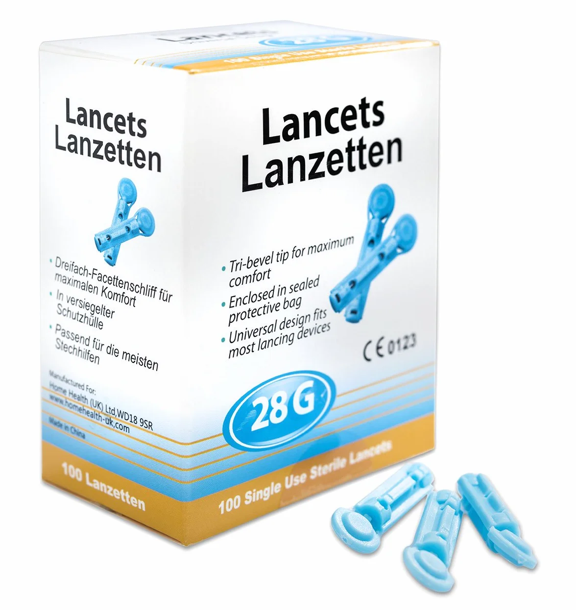 Lancety we krwi sterylne rozm. 28 g, 50 szt. kompatybilne m. in. do pomocy przy nakłuwaniu SD CodeFree, Accu Chek, łatwe pobieranie próbek krwi, m. in. do pomiaru cukrzycy w przypadku cukru we krwi