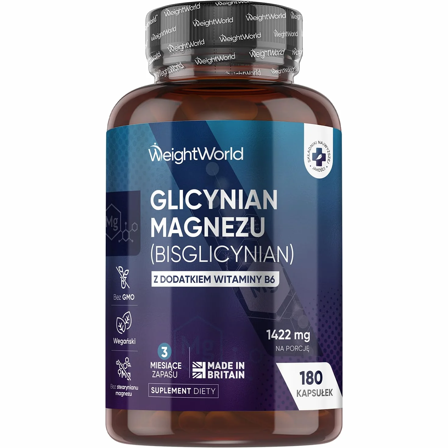 Glicynian magnezu 1422 mg z witaminą B6 180 kapsułek wegańskich 200 mg magnezu bez GMO