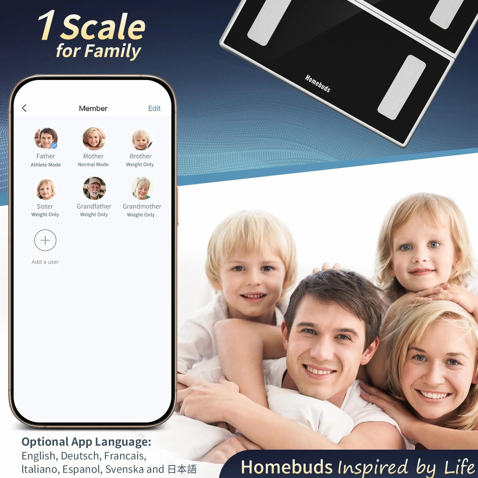 Homebuds waga łazienkowa, wysoka dokładność gwarantowana przez profesjonalną fabrykę wag od 2001 r., z aplikacją, pomiar 13 parametrów, w tym BMI, tkanka tłuszczowa i mięśnie, Czarna