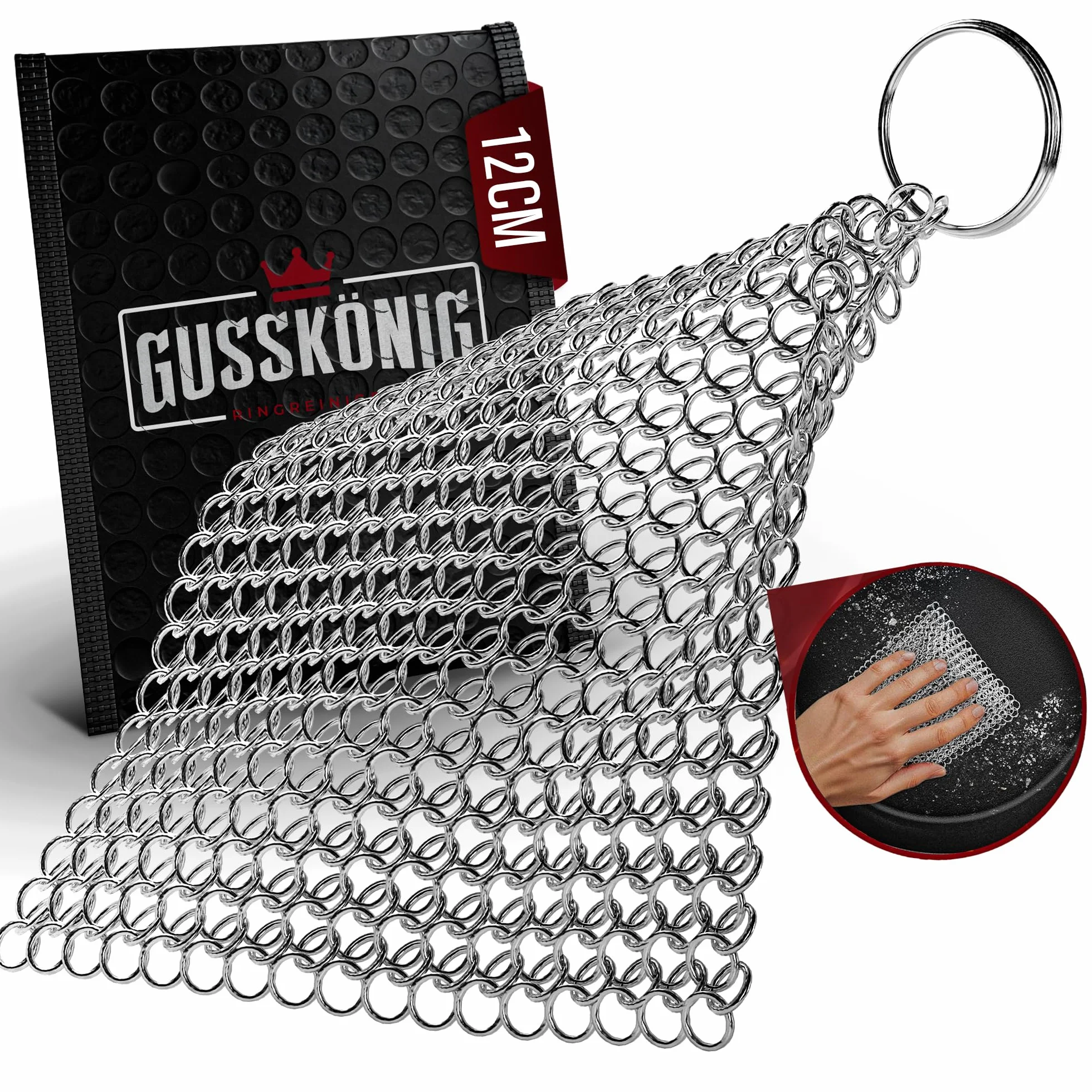 Gusskönig czyścik do żeliwa Wysokiej jakości czyścik ze stali nierdzewnej do skutecznego i delikatnego czyszczenia produktów z żeliwa - Chroni patynę. (12cm)